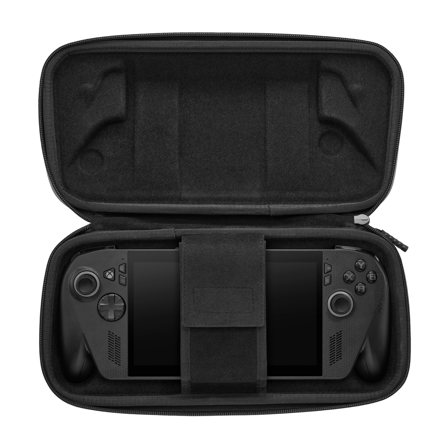 Dispositivo de juego portátil negro dentro de un estuche negro abierto. El dispositivo está centrado, con controles a ambos lados y una pantalla.