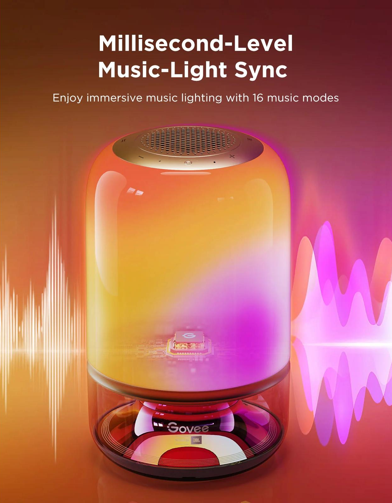 Un altoparlante cilindrico con luci che cambiano colore. Lo sfondo presenta grafiche a onde sonore e testo.