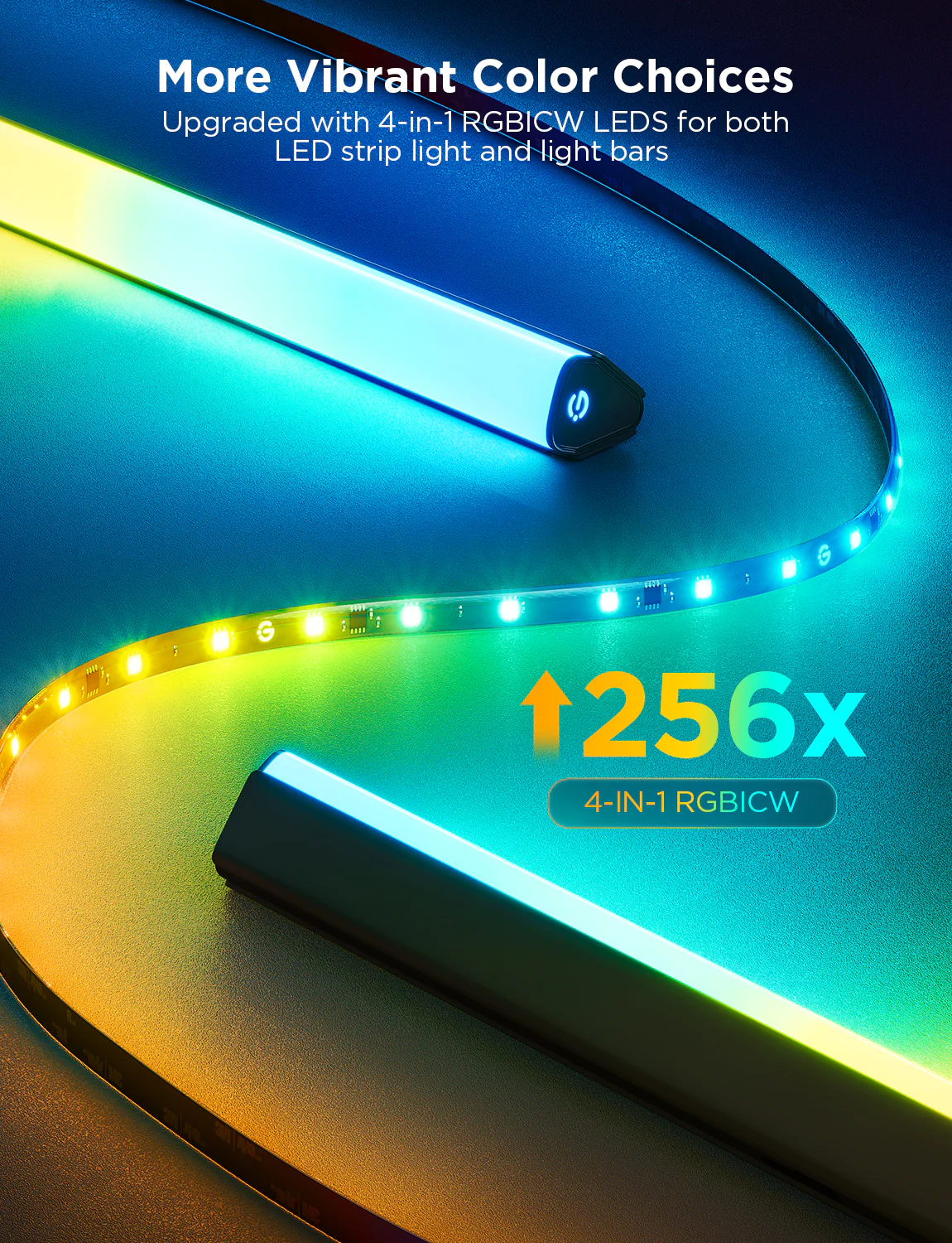 L'immagine mostra strisce luminose a LED e barre luminose con gradienti di colore vibranti. Il testo evidenzia 'More Vibrant Color Choices' e '256x'.