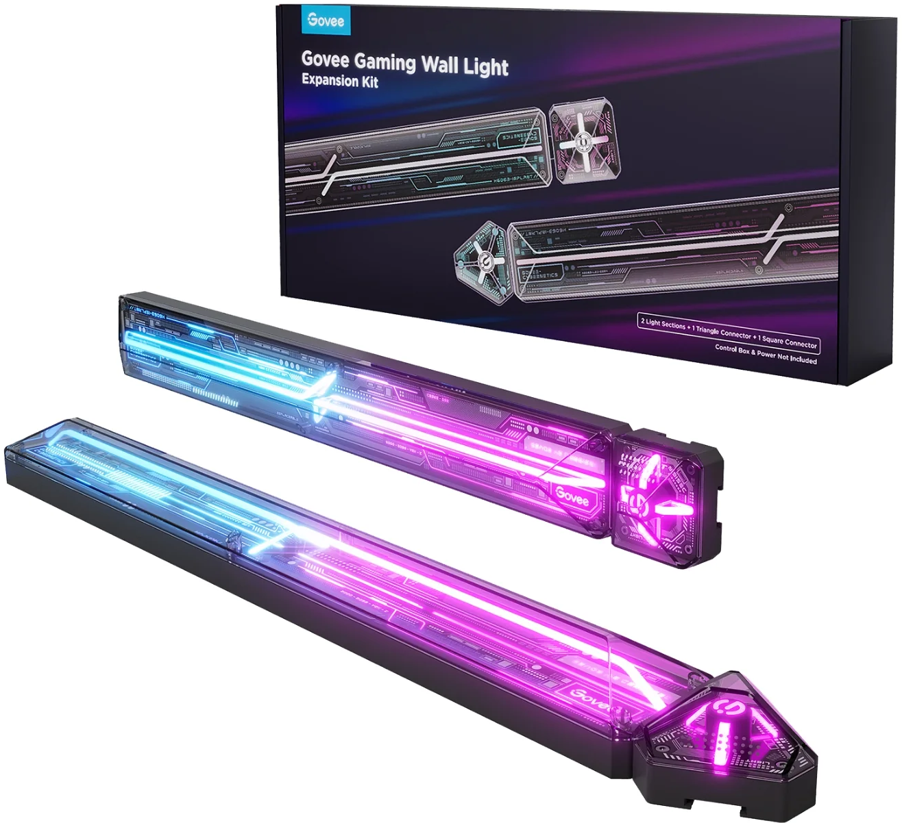 Kit di espansione per luce da parete da gioco Govee. Due barre luminose con gradienti blu e viola. La scatola mostra il prodotto e i connettori.