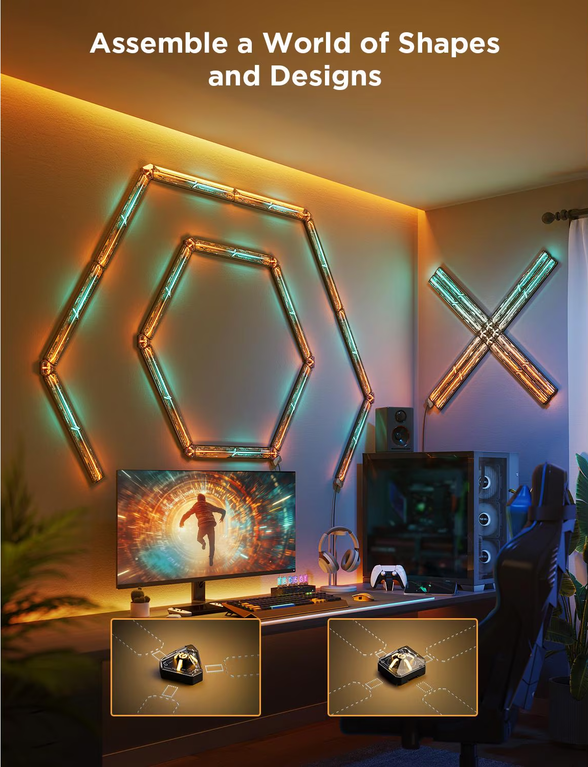 Un'impostazione di gioco con monitor, tastiera e PC. Luci a LED sagomate sulla parete. La stanza è poco illuminata.