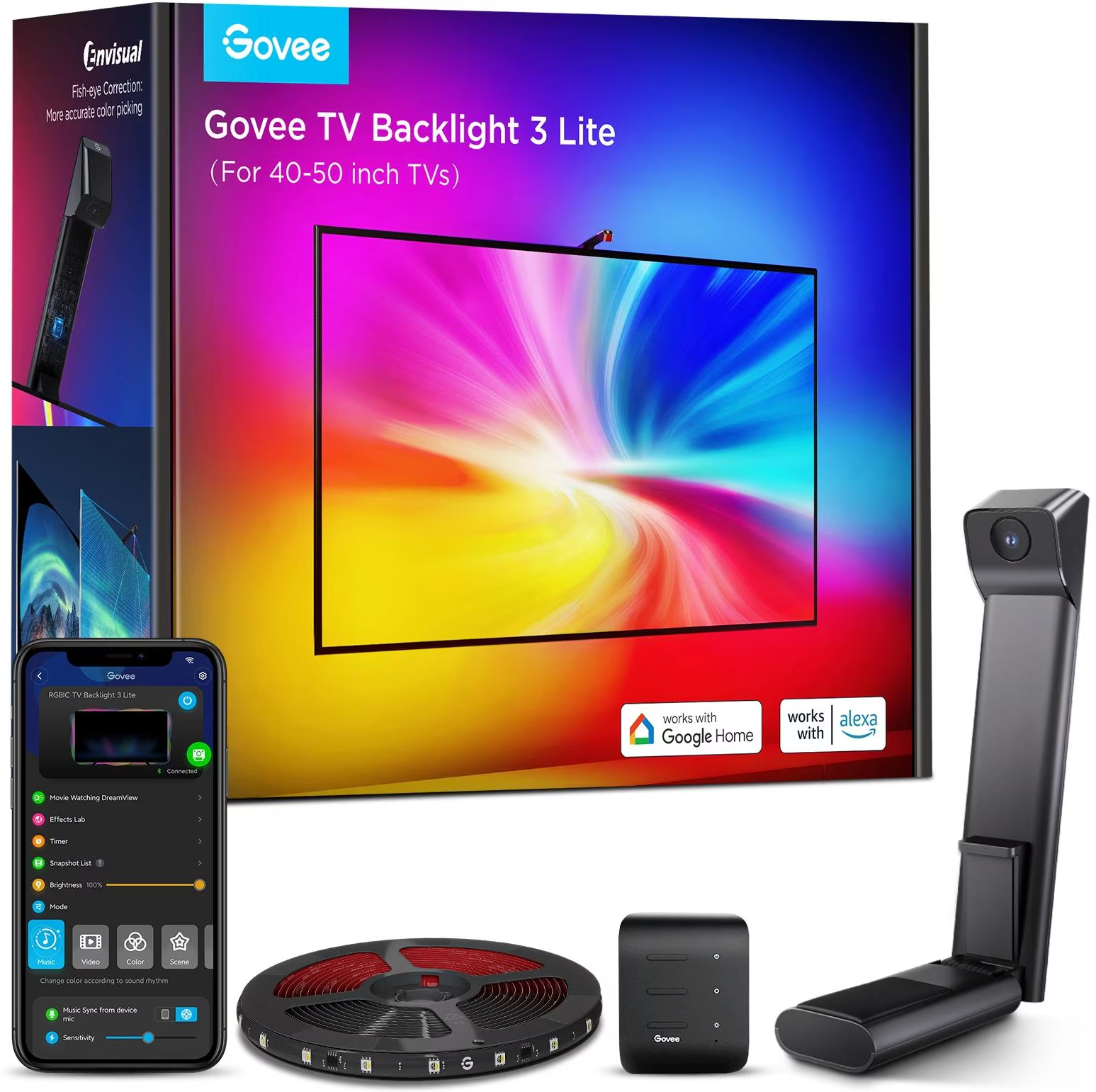 Kit retroilluminazione TV Govee. Include TV, fotocamera, striscia LED e centralina. La TV mostra uno spettacolo di luci colorato.