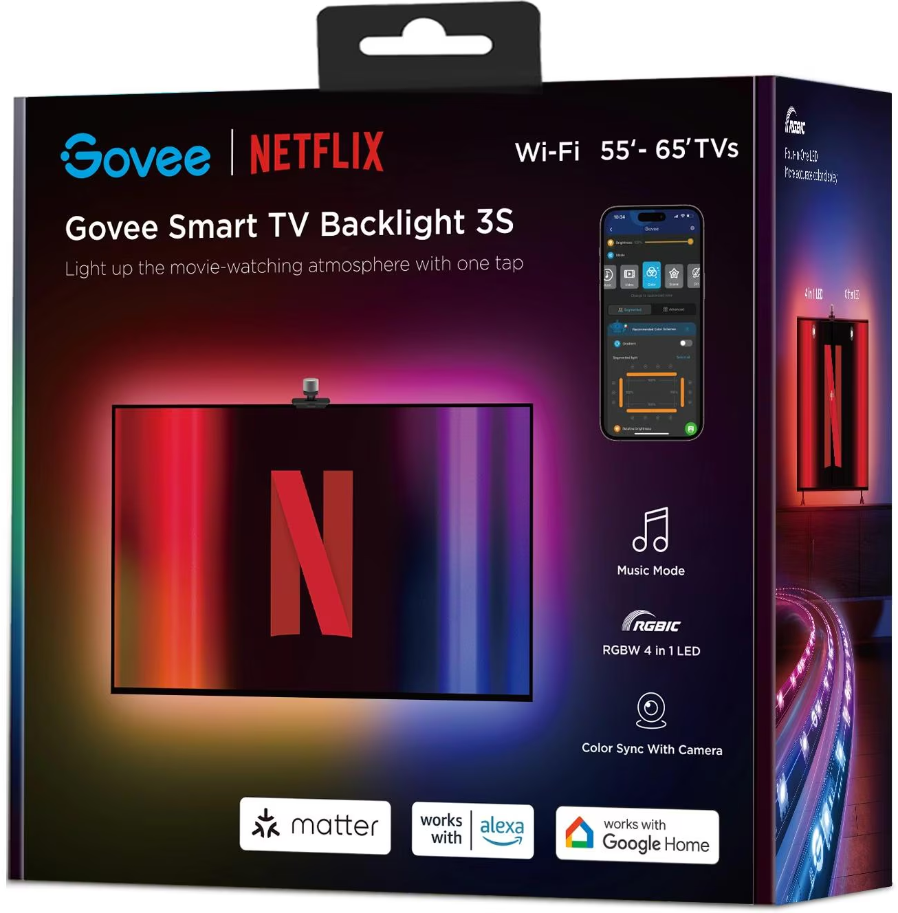 Scatola Govee Smart TV Backlight 3S. Caratteristiche: Netflix, Wi-Fi, Modalità Musica, RGBIC e Sincronizzazione Colori. TV con logo N.