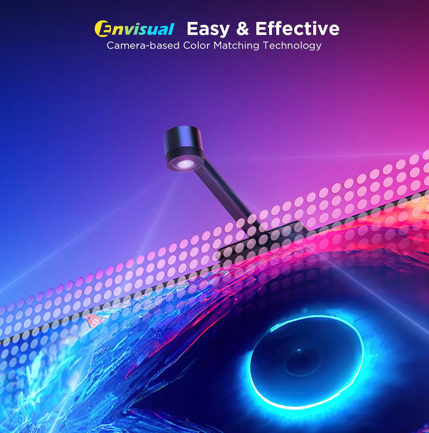 L'immagine mostra un dispositivo con una luce, una forma di occhio al neon e testo: Envisual, Easy & Effective, Camera-based Color Matching Technology.