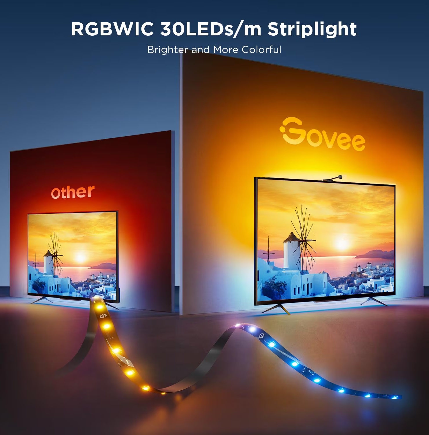 Due TV con scene paesaggistiche. Strisce luminose a LED scorrono verso di loro, una arancione e l'altra blu. Il logo Govee è visibile.