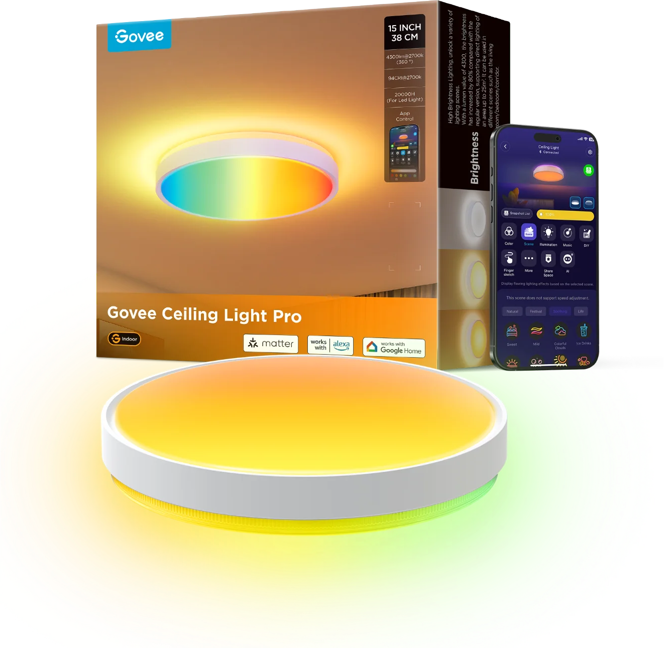 Govee Ceiling Light Pro avec une lumière colorée, un téléphone montrant l'application et une boîte avec des spécifications.