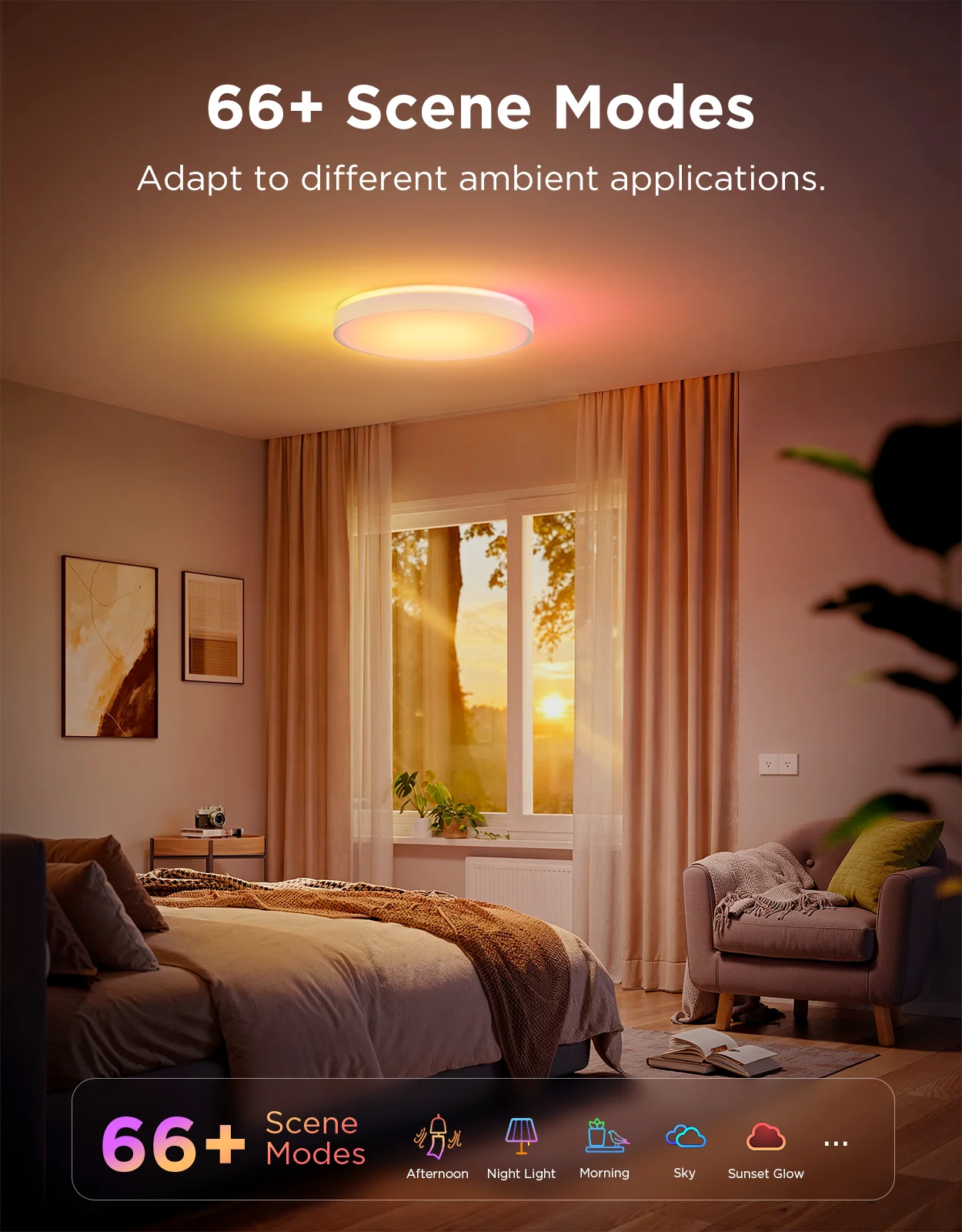 Chambre avec plafonnier. Lit, fauteuil, fenêtre ensoleillée et icônes de mode scène sont visibles.