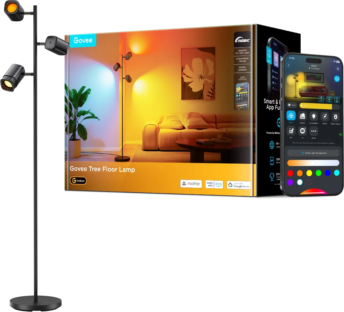 Una lampada da terra Govee con tre luci regolabili, uno smartphone che mostra l'app e una confezione del prodotto.