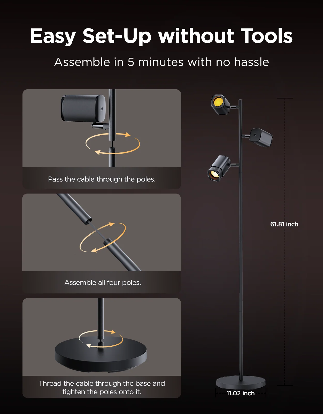 Istruzioni per assemblare una lampada da terra nera. I diagrammi mostrano il passaggio dei cavi, l'assemblaggio dei pali e il fissaggio della base.
