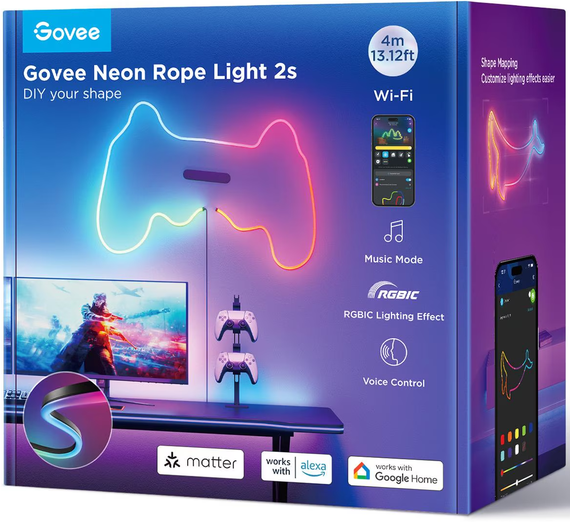 Scatola per Govee Neon Rope Light 2s. Funzionalità: Wi-Fi, modalità musica, effetti RGBIC e controllo vocale. Include forma di controller.
