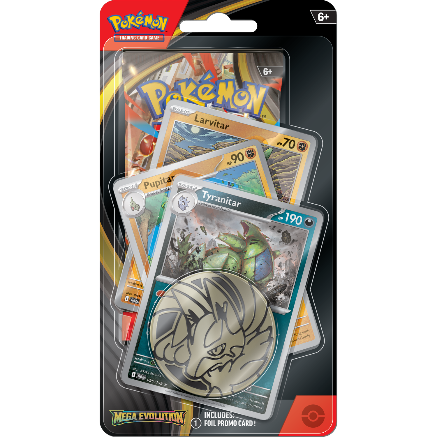 A Pokemon trading card game pack. Includes cards, a coin, and a foil promo card. Cards feature Pokemon like Tyranitar and Larvitar.