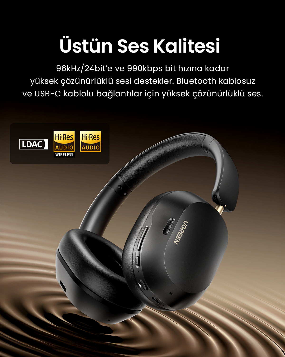 Kahverengi arka plan üzerinde Hi-Res Audio logolu siyah UGREEN kulaklıklar. Metin, yüksek kaliteli ses ve bağlantı seçeneklerini detaylandırıyor.