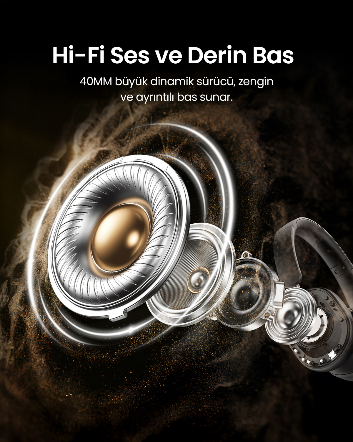 "Hi-Fi Ses ve Derin Bas" yazısıyla bir kulaklığın hoparlör bileşenlerini gösteren görüntü. Metalik öğeler ve koyu, grenli bir arka plan.