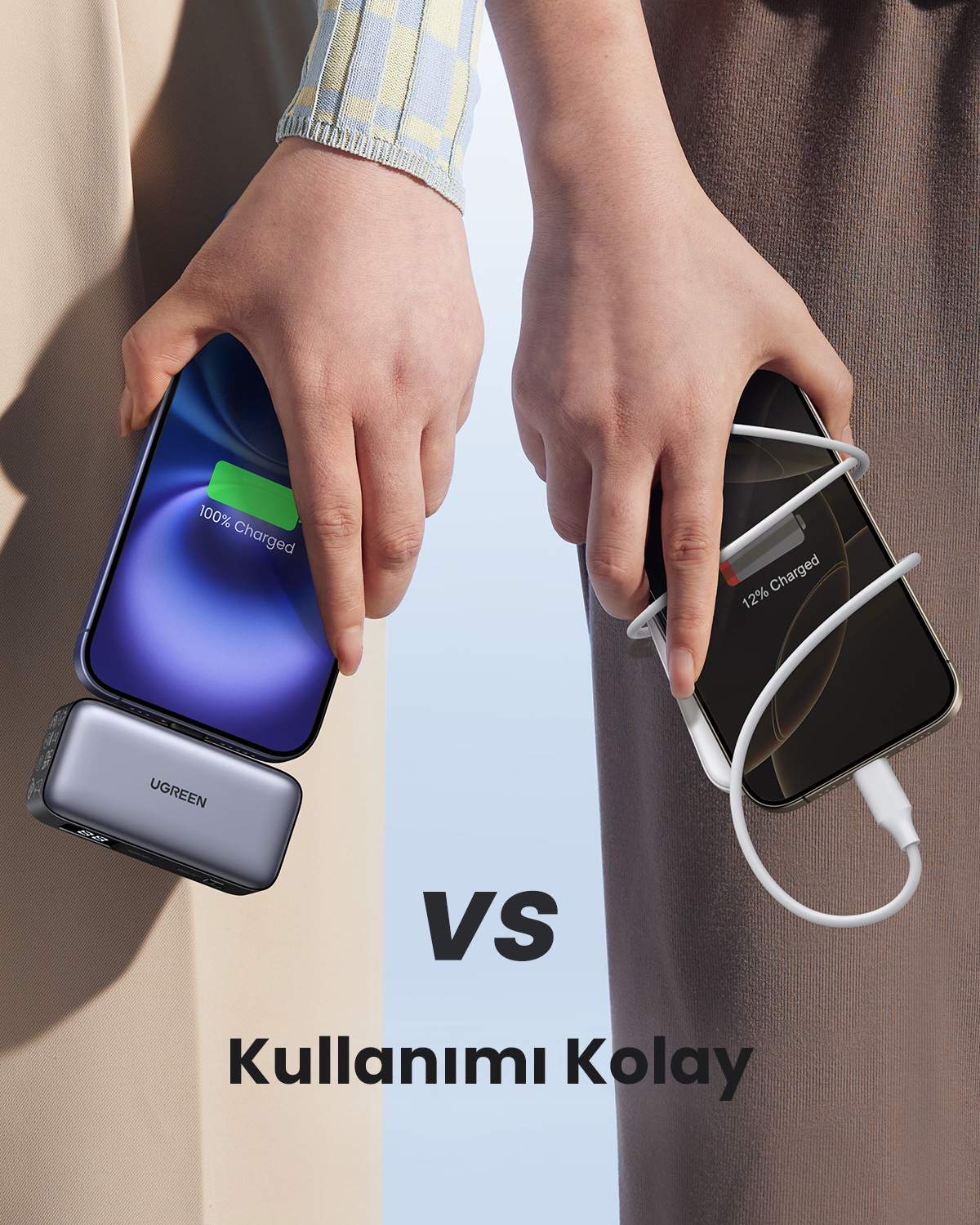 İki el telefon tutuyor, biri %100, diğeri %12 şarjlı. Altta bir güç bankası var. 'VS' ve 'Kullanımı Kolay' metni.