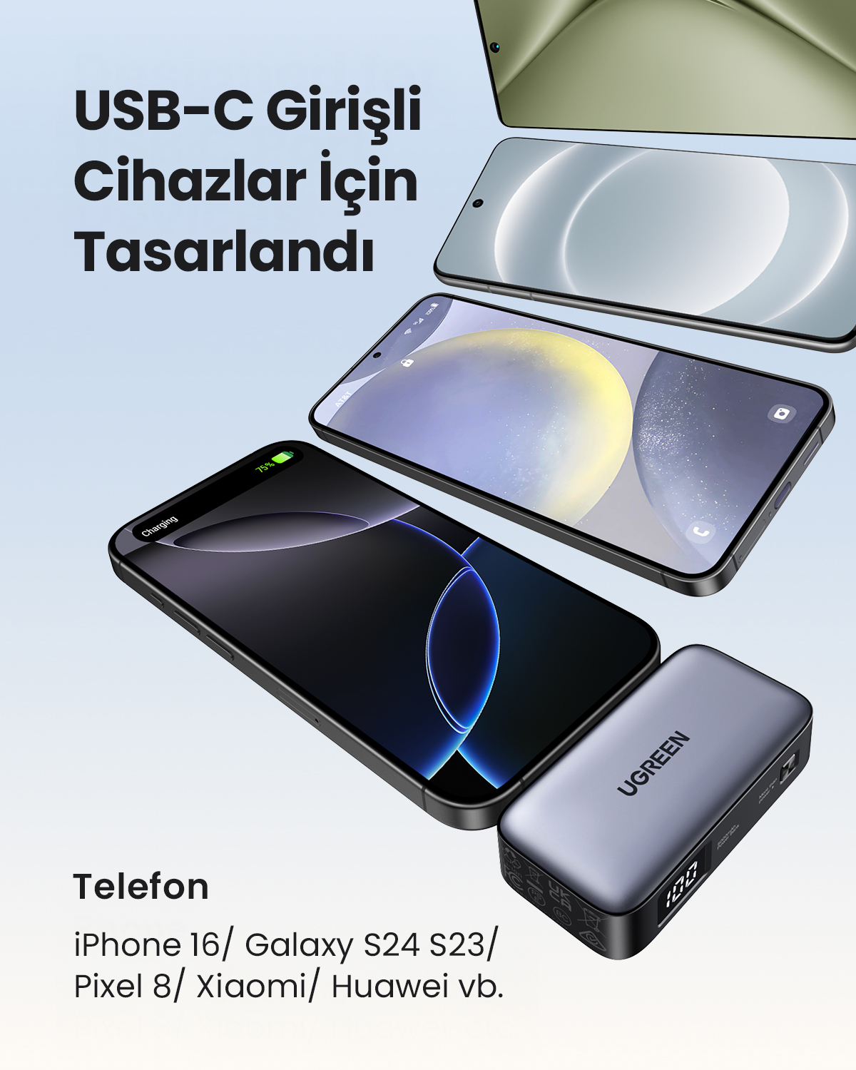 Bir powerbank'in yanında şarj olan bir telefon. Metin: 'USB-C Girişli Cihazlar için Tasarlandı' ve telefon uyumluluk detayları.