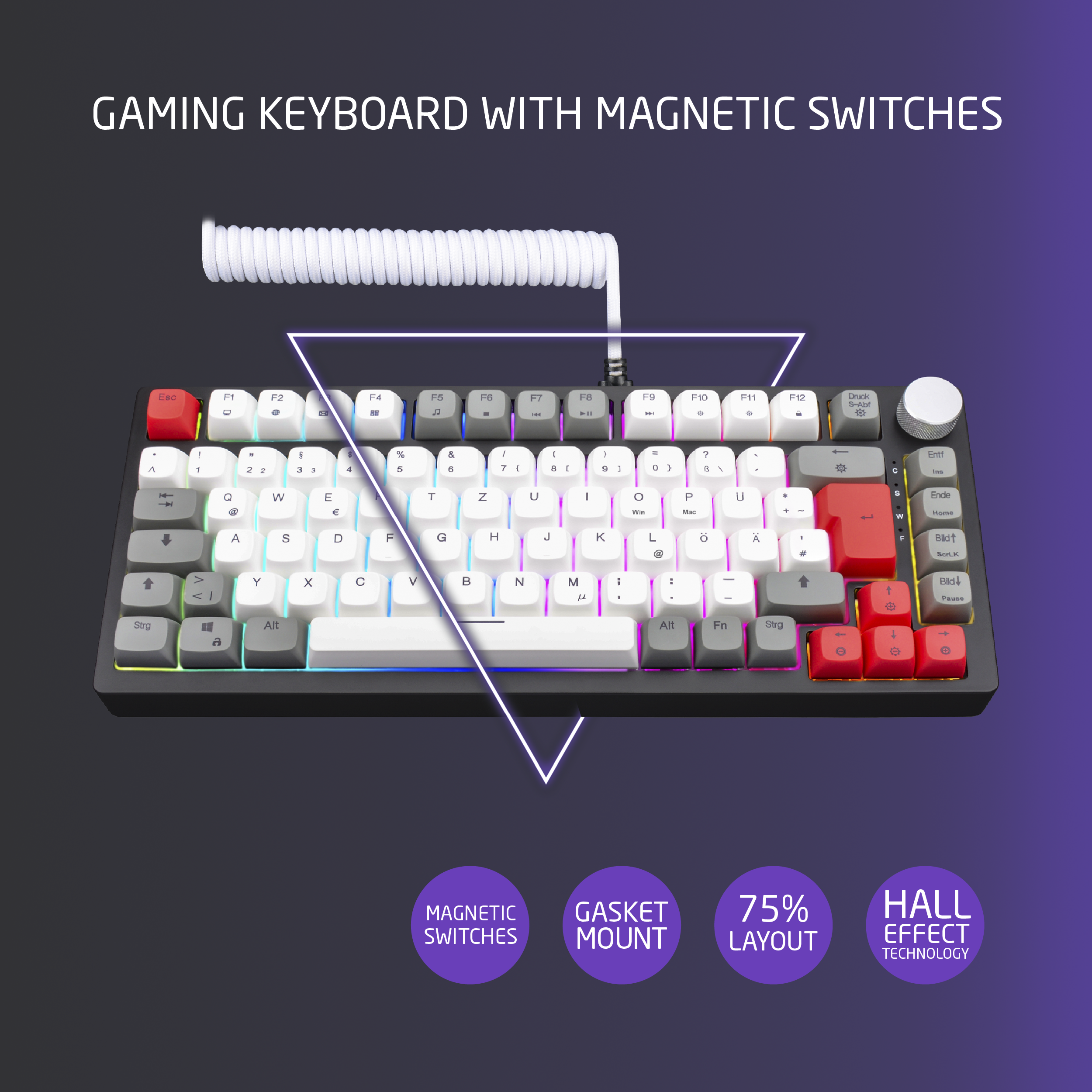 Eine Gaming-Tastatur mit weißen Tasten, einem weißen Kabel und einem Lautstärkeregler. Text sagt magnetische Schalter.