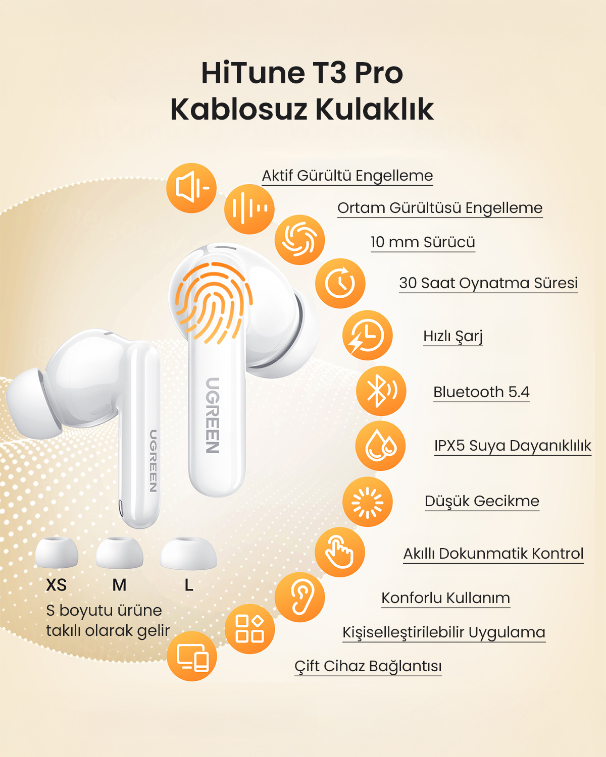 Gürültü engelleme, Bluetooth 5.4 ve konforlu tasarım gibi özelliklere sahip beyaz UGREEN HiTune T3 Pro kablosuz kulaklıklar.