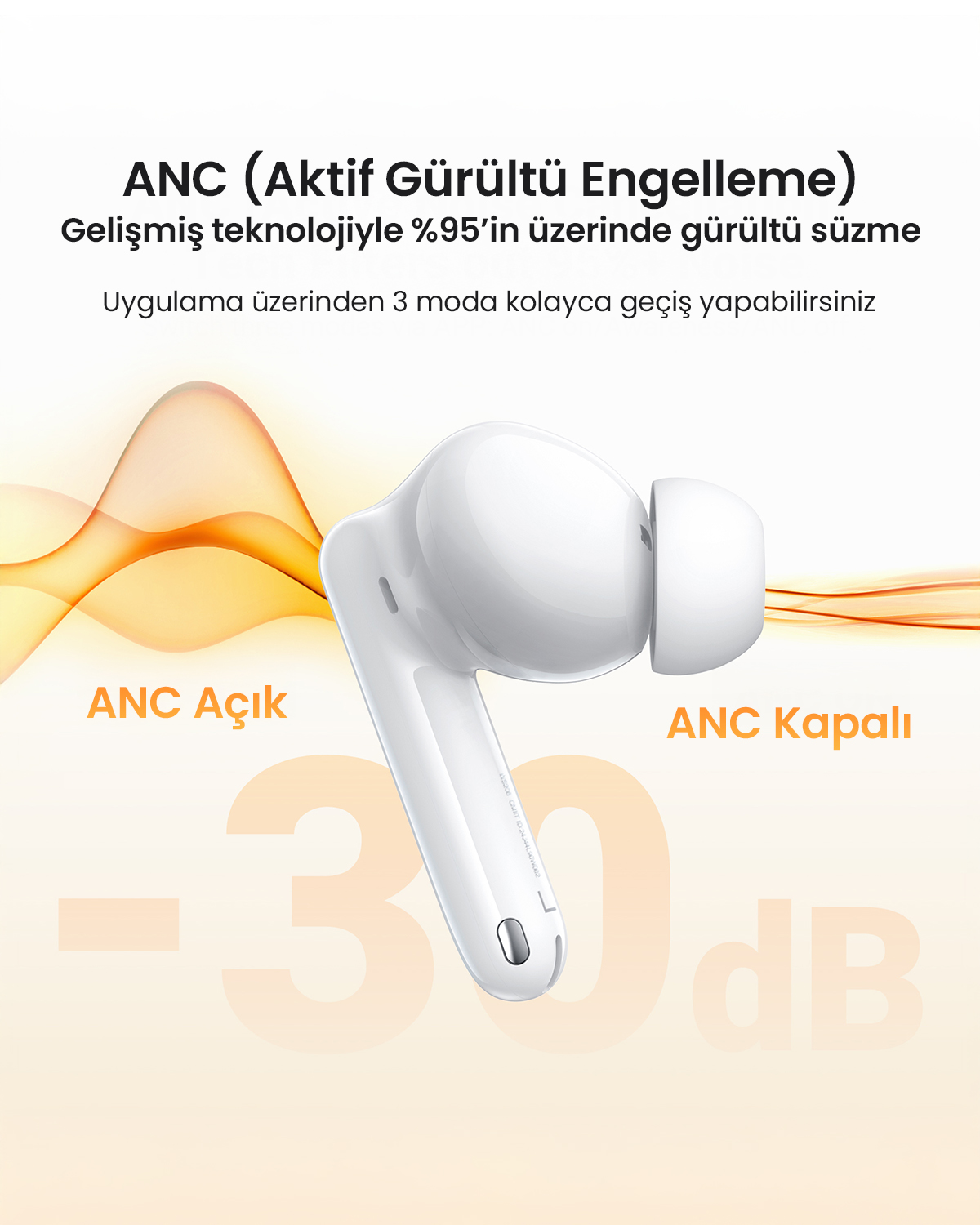 Saplı beyaz kulaklıklar, gürültü engelleme hakkında metin ve -30dB sayısı. Arka plan turuncu ve sarı geçişlere sahip.