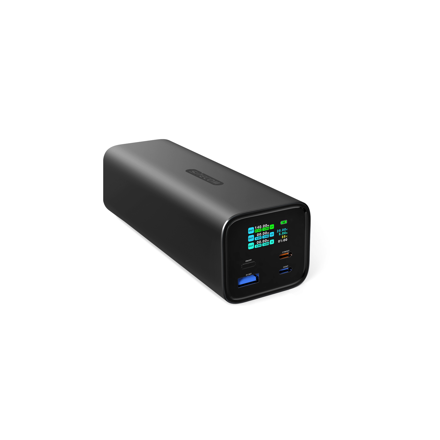 Een zwarte powerbank met een scherm dat het vermogen weergeeft. Het heeft blauwe en oranje poorten. De achtergrond is wit.