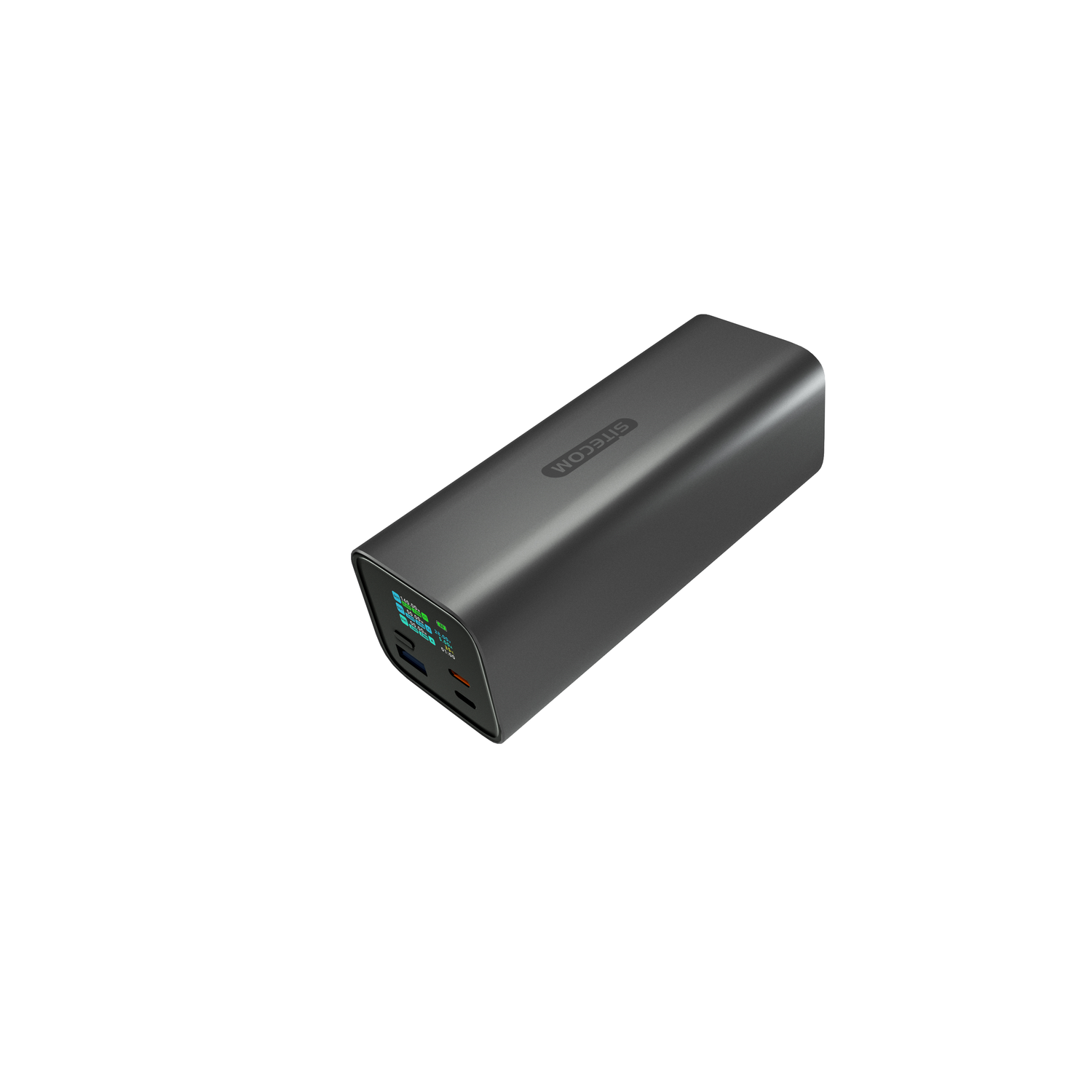 Een donkergrijze powerbank met het merk 'SITECOM' aan de zijkant, heeft een scherm en poorten aan één uiteinde, geïsoleerd op een witte achtergrond.