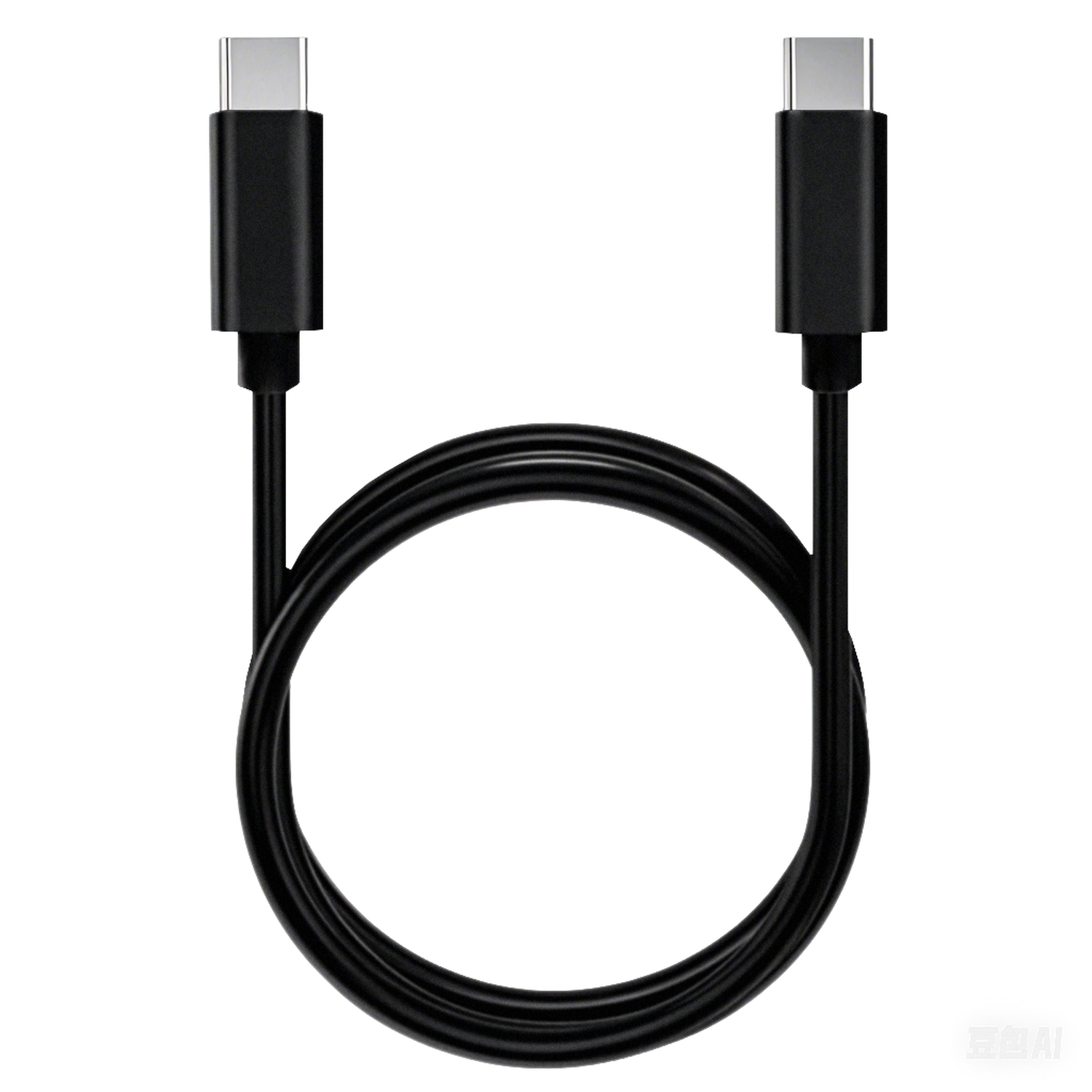 Een zwarte USB-C-kabel, opgerold in een U-vorm. De connectoren hebben zilveren uiteinden. De achtergrond is wit.