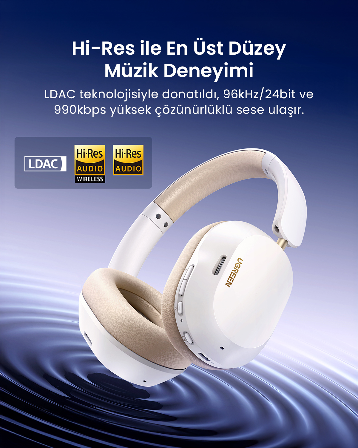 UGREEN logolu, Hi-Res Audio logolu ve Türkçe metinli beyaz ve bej kulaklıklar. Arka plan su benzeri bir desendir.
