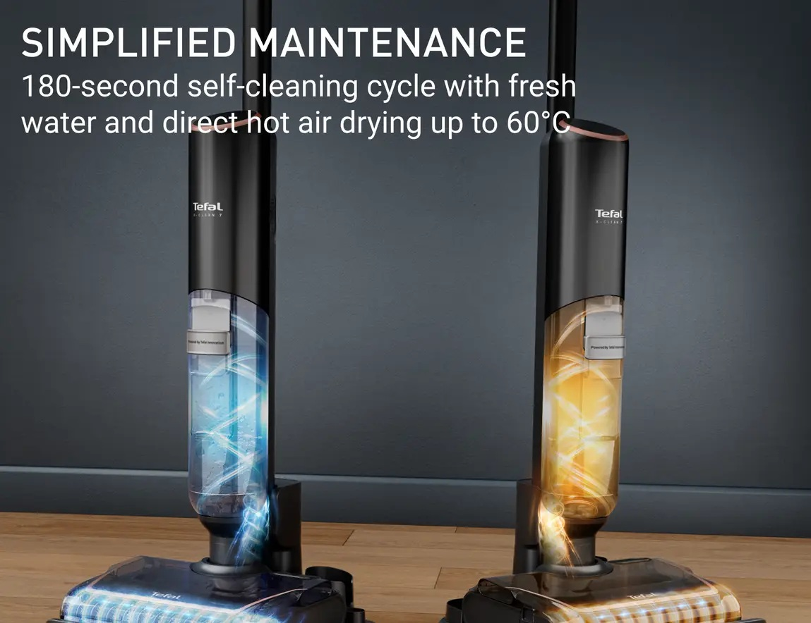 Dwa czarne i przezroczyste odkurzacze. Jeden pokazuje niebieską wodę, drugi żółte powietrze. Tekst mówi o uproszczonej konserwacji.