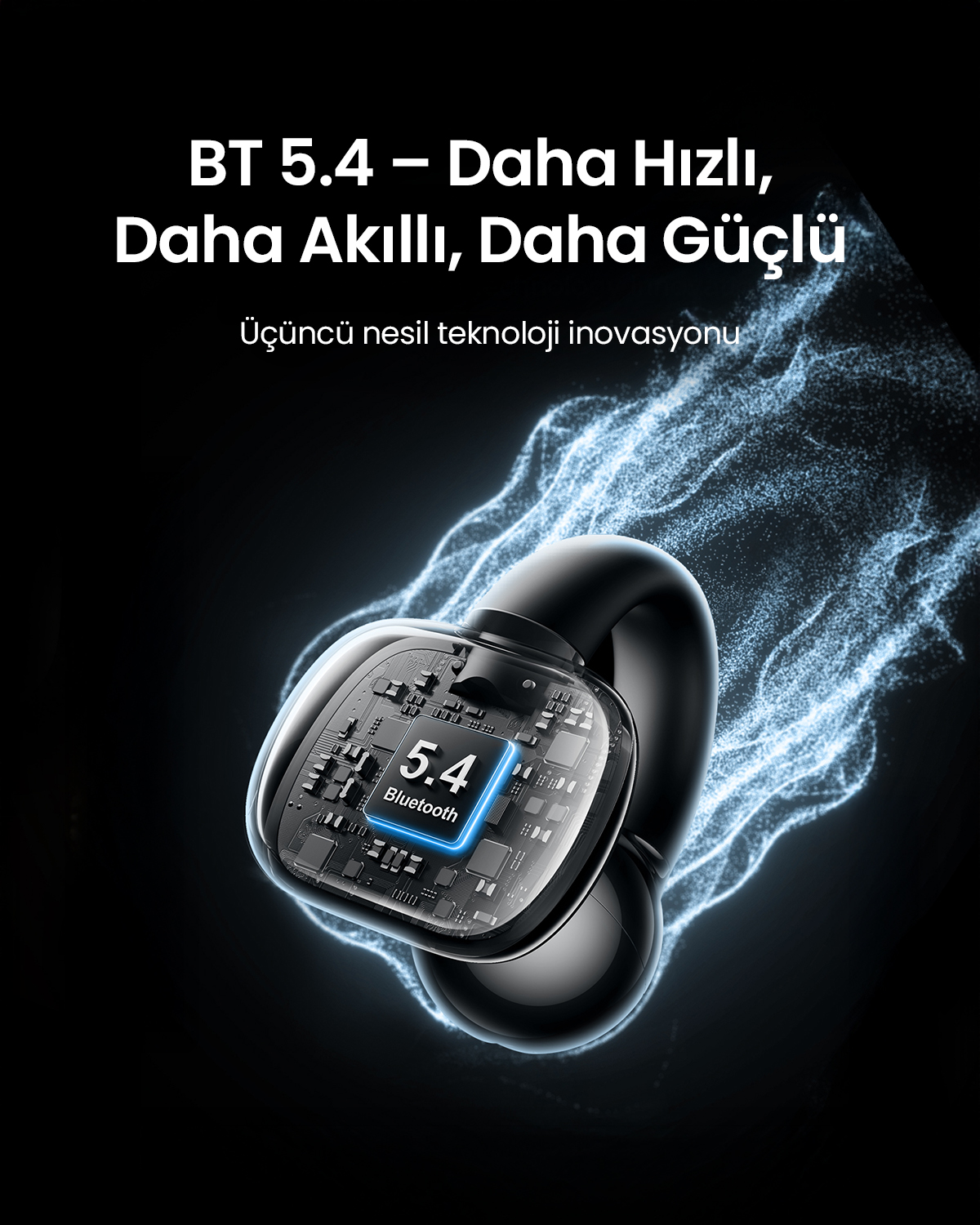 5.4 Bluetooth logosunu gösteren şeffaf bir bileşene sahip siyah bir kulaklık. Metin: 'BT 5.4 - Daha Hızlı, Daha Akıllı, Daha Güçlü'.