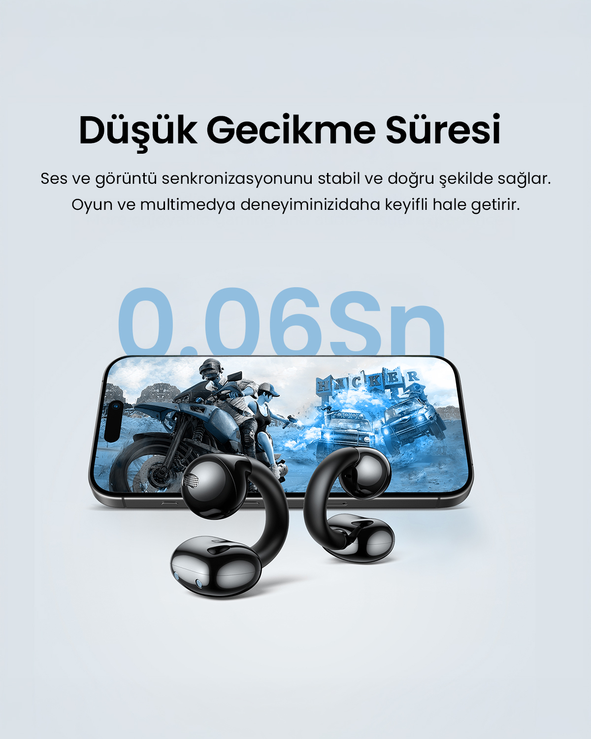 Yarış oyunu gösteren bir telefonla siyah kulaklıklar. Türkçe metin: 'Düşük Gecikme Süresi', '0,06s'.