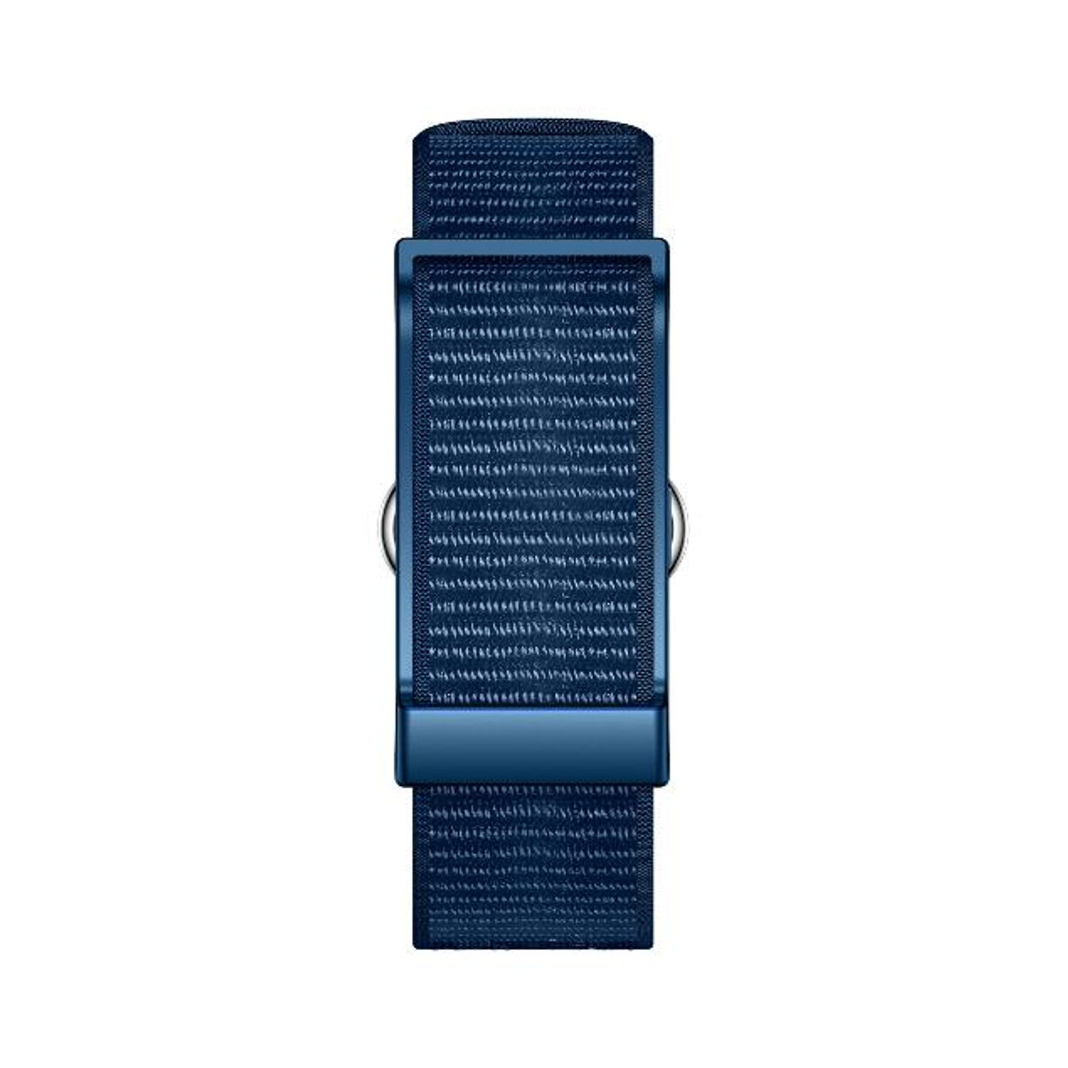Un cinturino blu scuro è in verticale. Ha una trama tessuta e una chiusura in metallo. Lo sfondo è bianco.