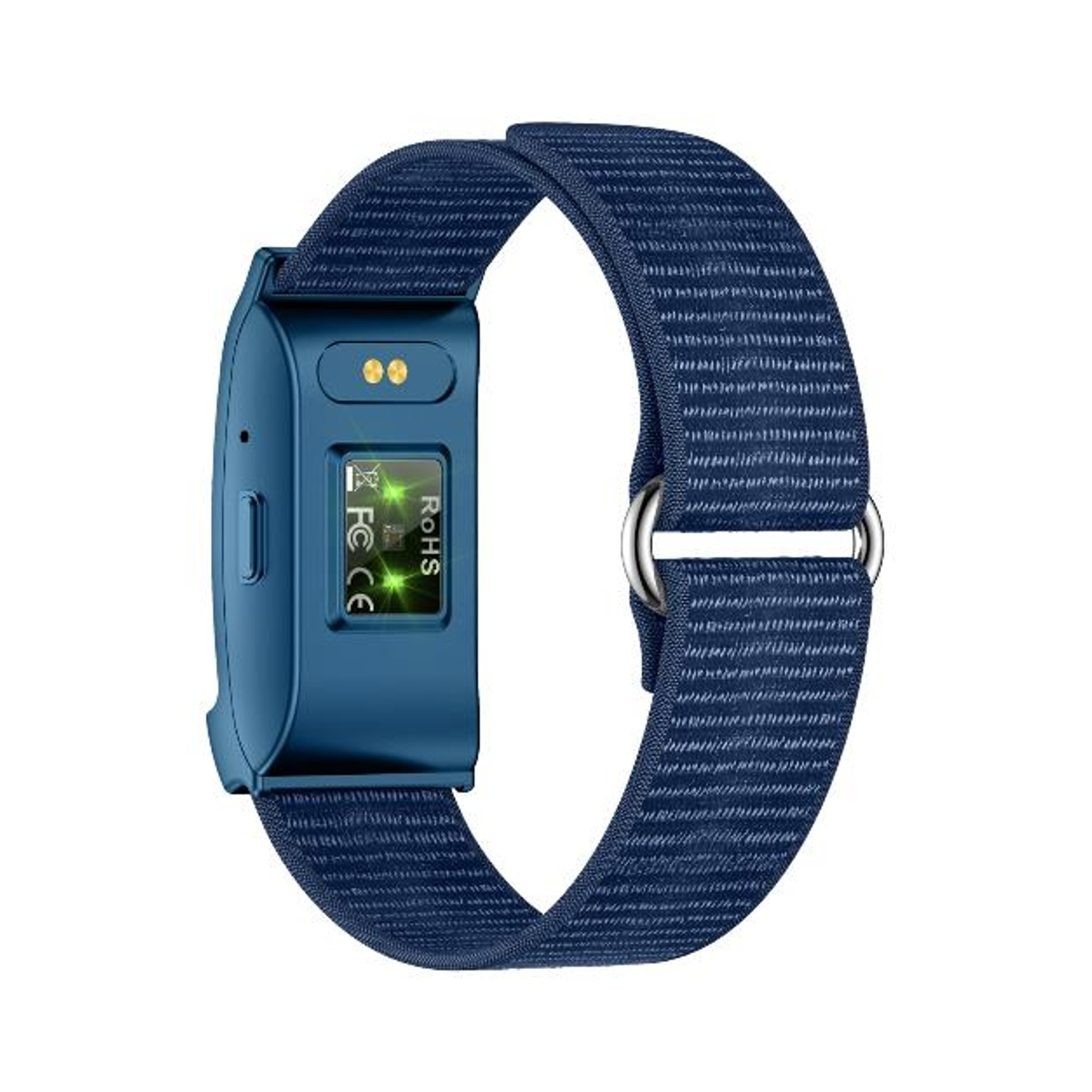 Un fitness tracker blu con un cinturino in tessuto blu. Il tracker ha uno schermo e due punti di contatto color oro.