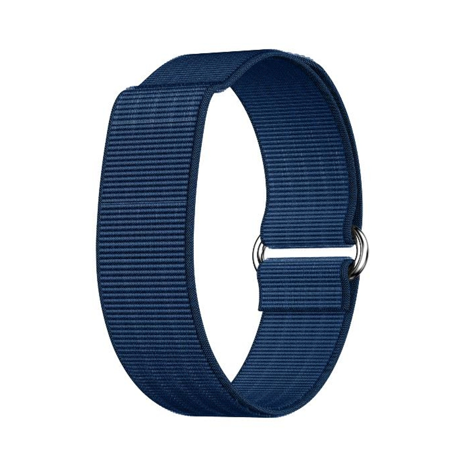 Un cinturino blu navy è mostrato, realizzato in tessuto intrecciato. Due anelli argentati collegano le estremità. Lo sfondo è bianco.