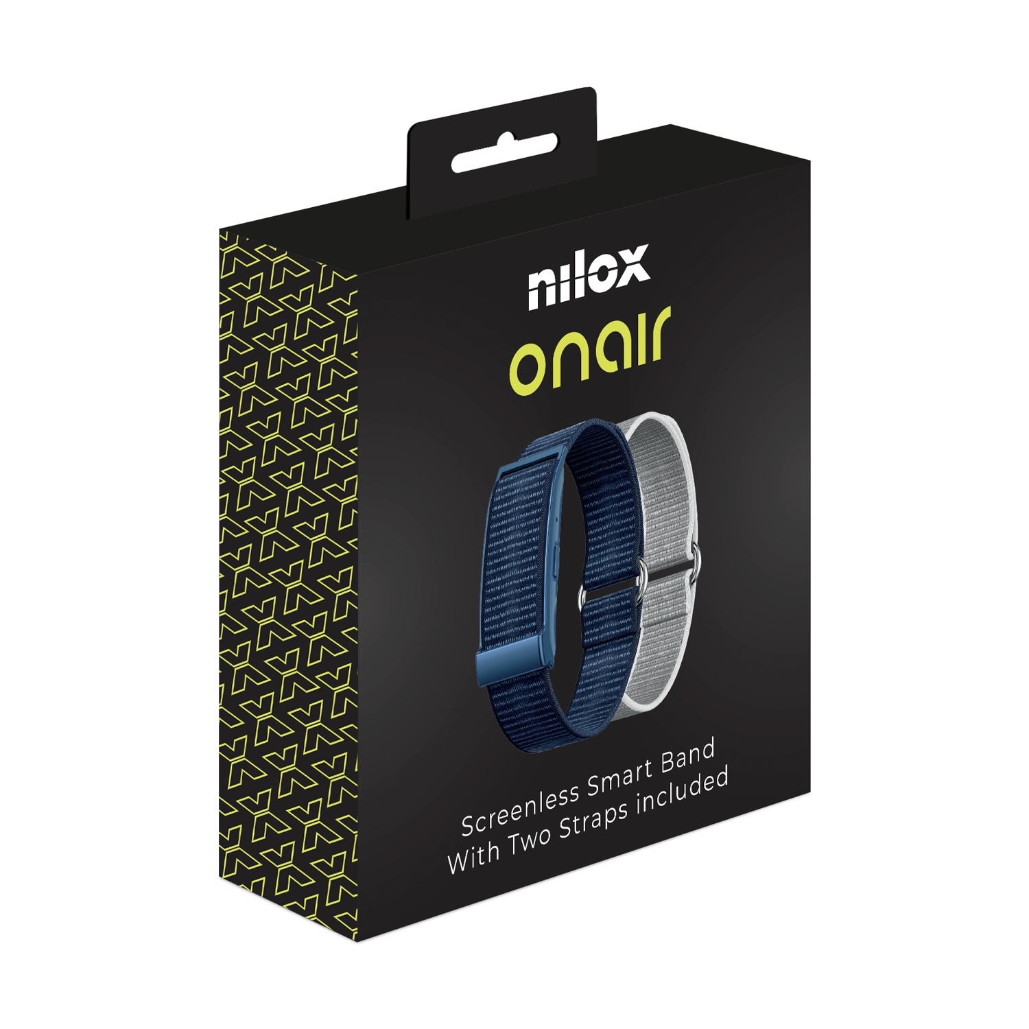 Scatola con logo 'nilox onair', due cinturini per smartwatch, blu e grigio. Testo: 'Screenless Smart Band With Two Straps included'.