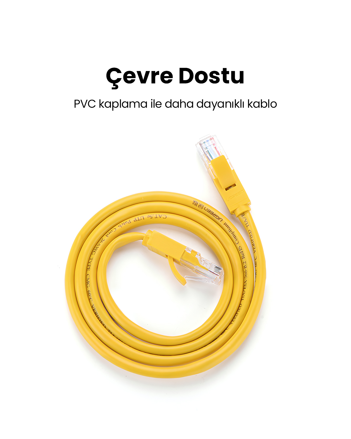 Beyaz bir arka plan üzerinde sarı bir ağ kablosu sarılı. Türkçe metin "Çevre Dostu" ve "PVC kaplamalı dayanıklı kablo" diyor.