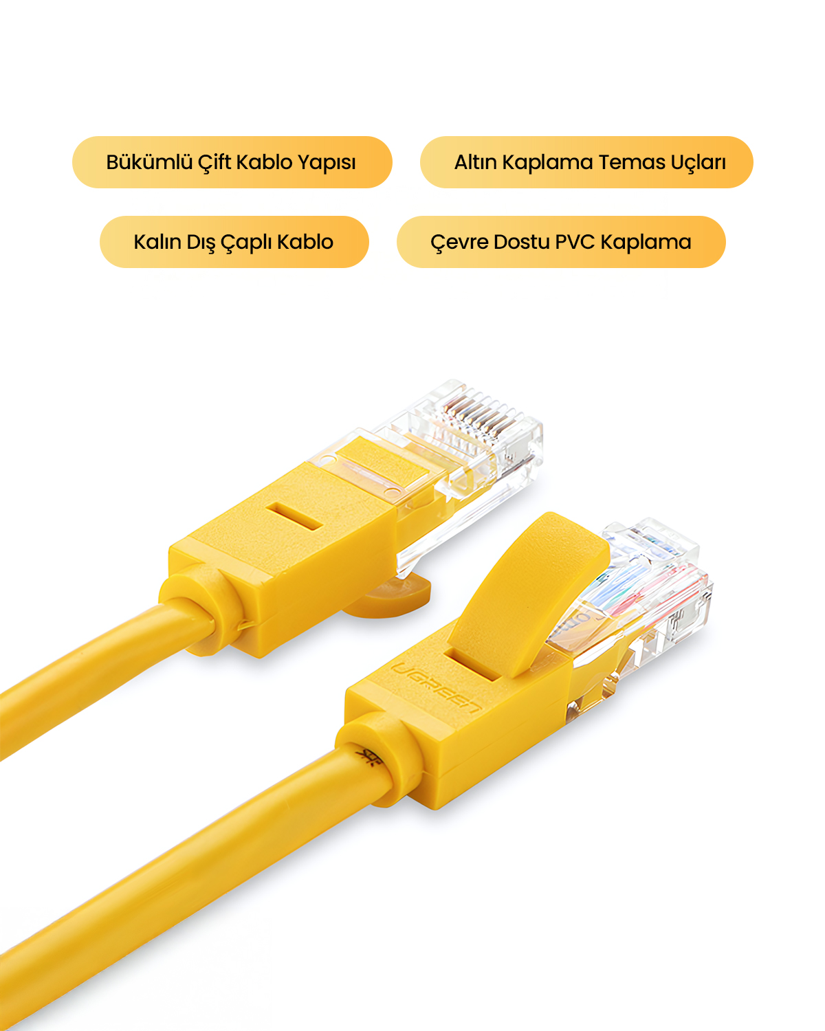 Beyaz arka plan üzerinde iki sarı Ethernet kablosu. Her birinin şeffaf bir konektörü var. Üstte Türkçe etiketler var.