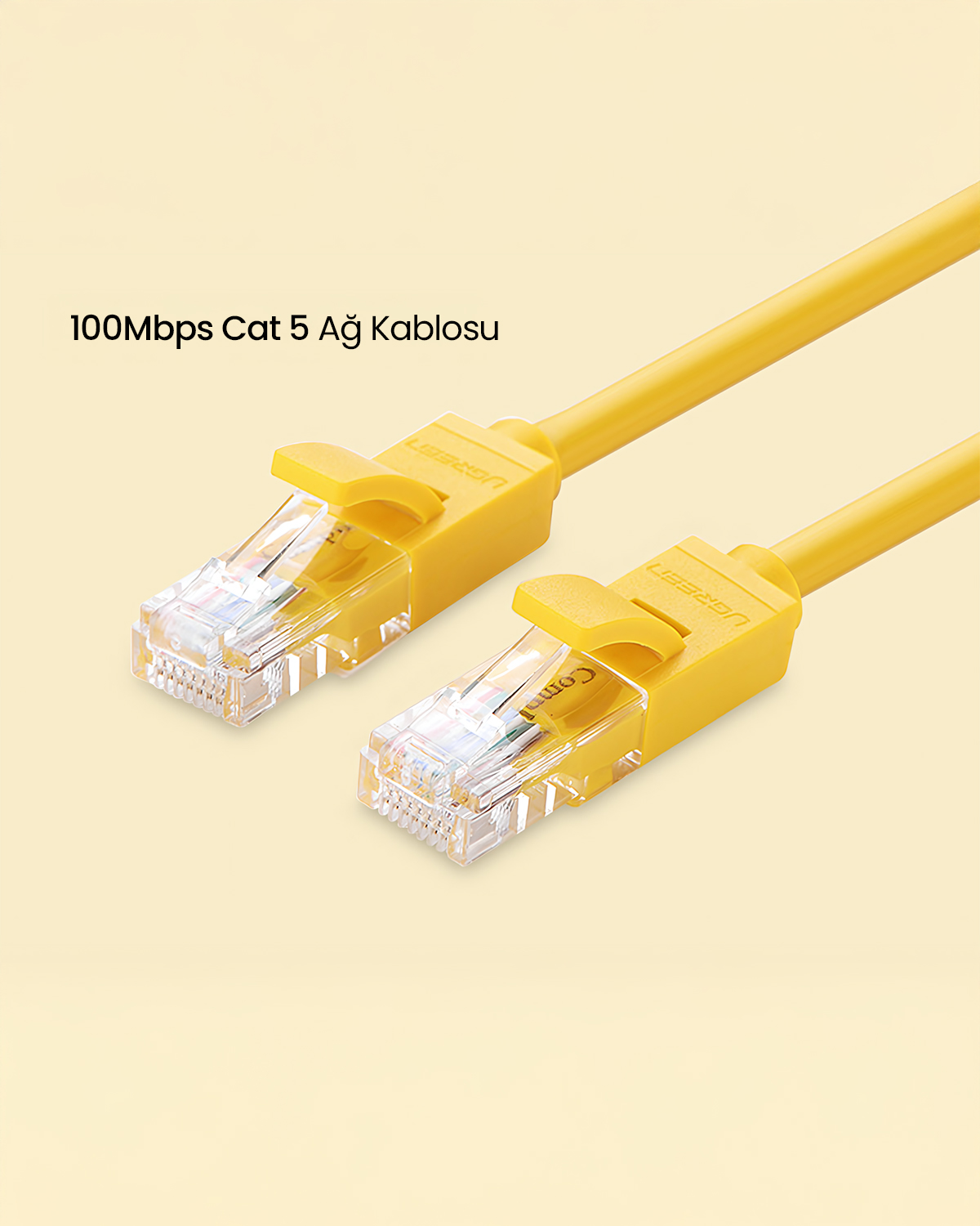 Şeffaf konektörlü iki sarı ethernet kablosu. "100Mbps Cat 5 Ağ Kablosu" metni görünür.