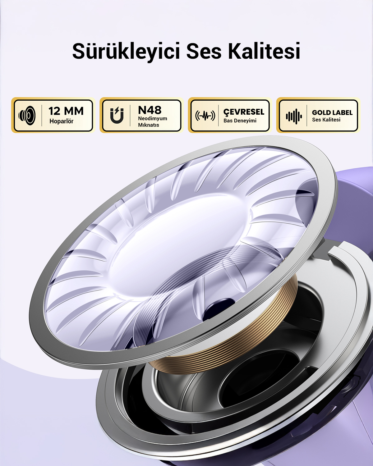 Metin etiketleriyle bir kulaklık hoparlörünün yakın çekimi. Hoparlör gümüş ve altın tasarıma sahip. Metin: 12 MM, N48, ÇEVRESEL ve GOLD LABEL.