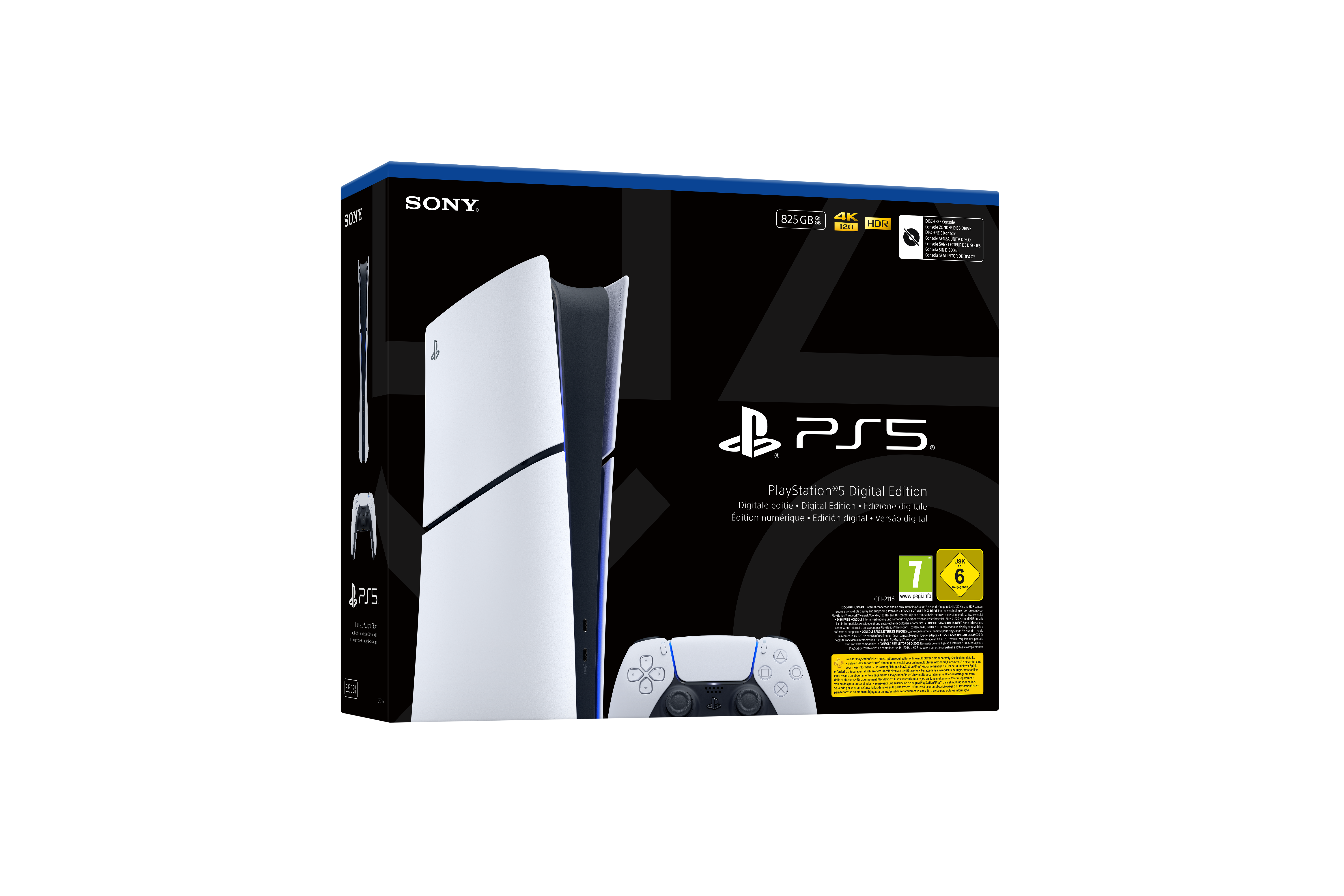 Caja de PlayStation 5 Digital Edition. Consola blanca, mando blanco y negro. 4K HDR.