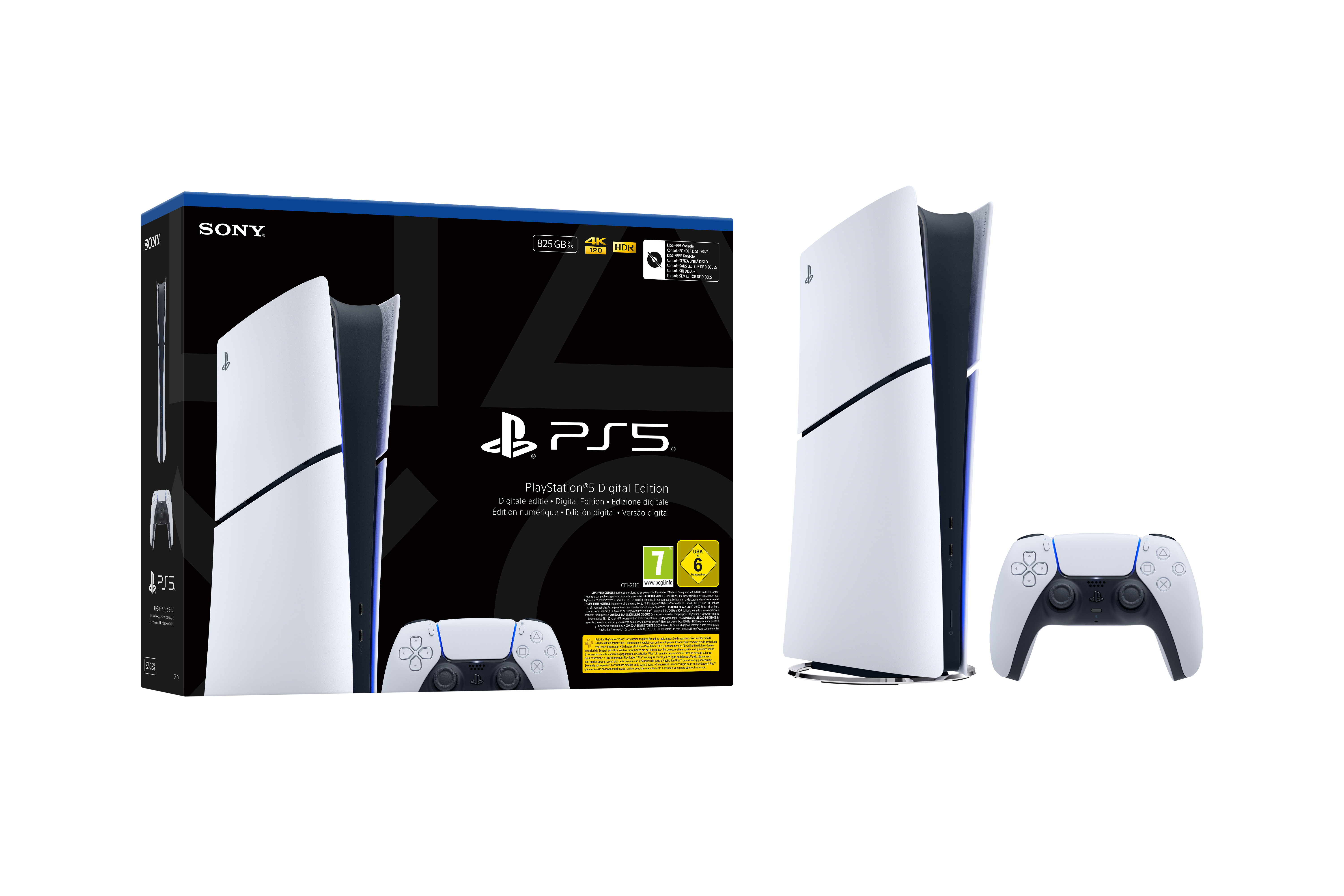 Un conjunto de PlayStation 5 Digital Edition. Incluye consola, controlador y caja sobre fondo negro. Diseño blanco y negro.
