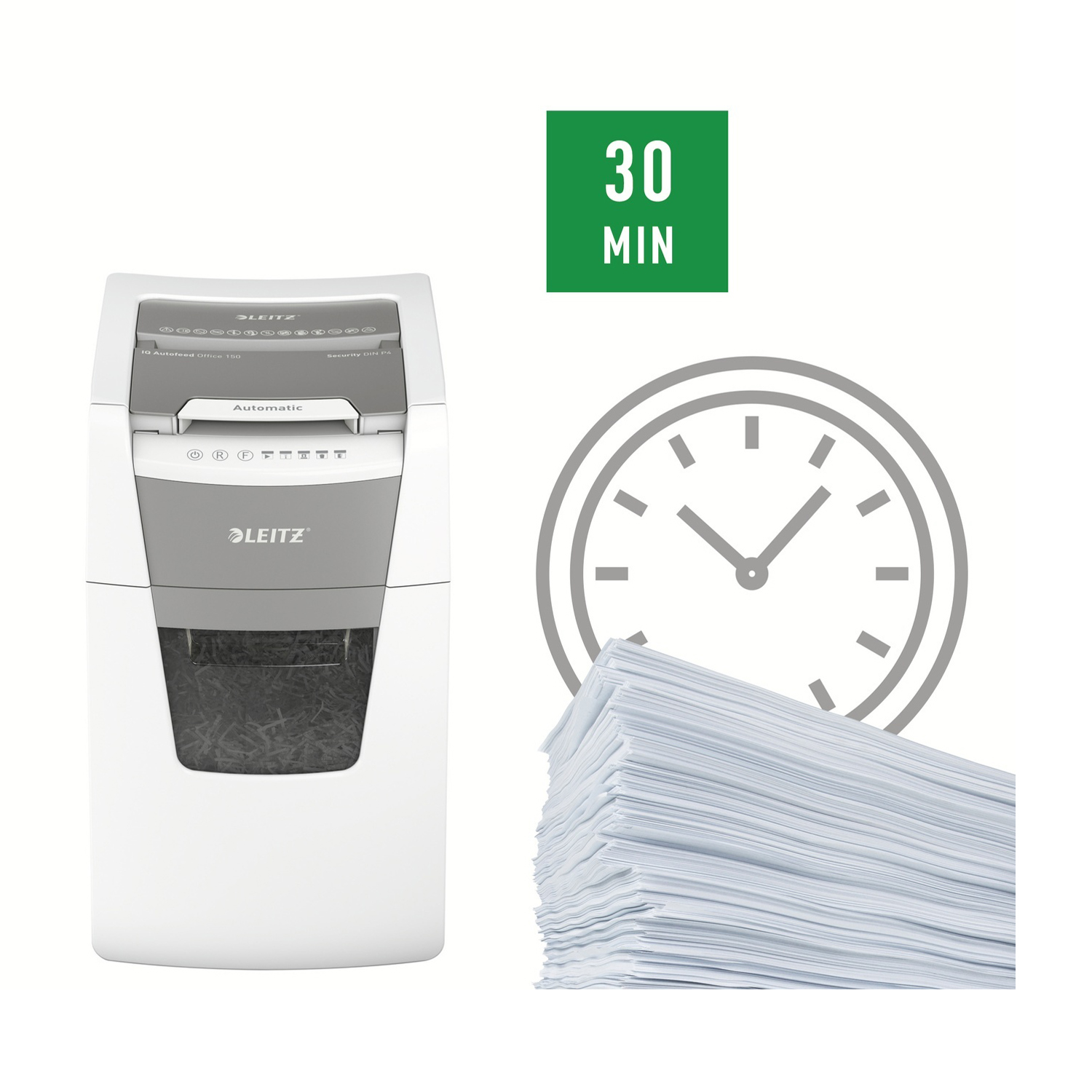 Un distruggidocumenti bianco e grigio, un'icona dell'orologio, una pila di carta e un quadrato verde con scritto '30 MIN'.