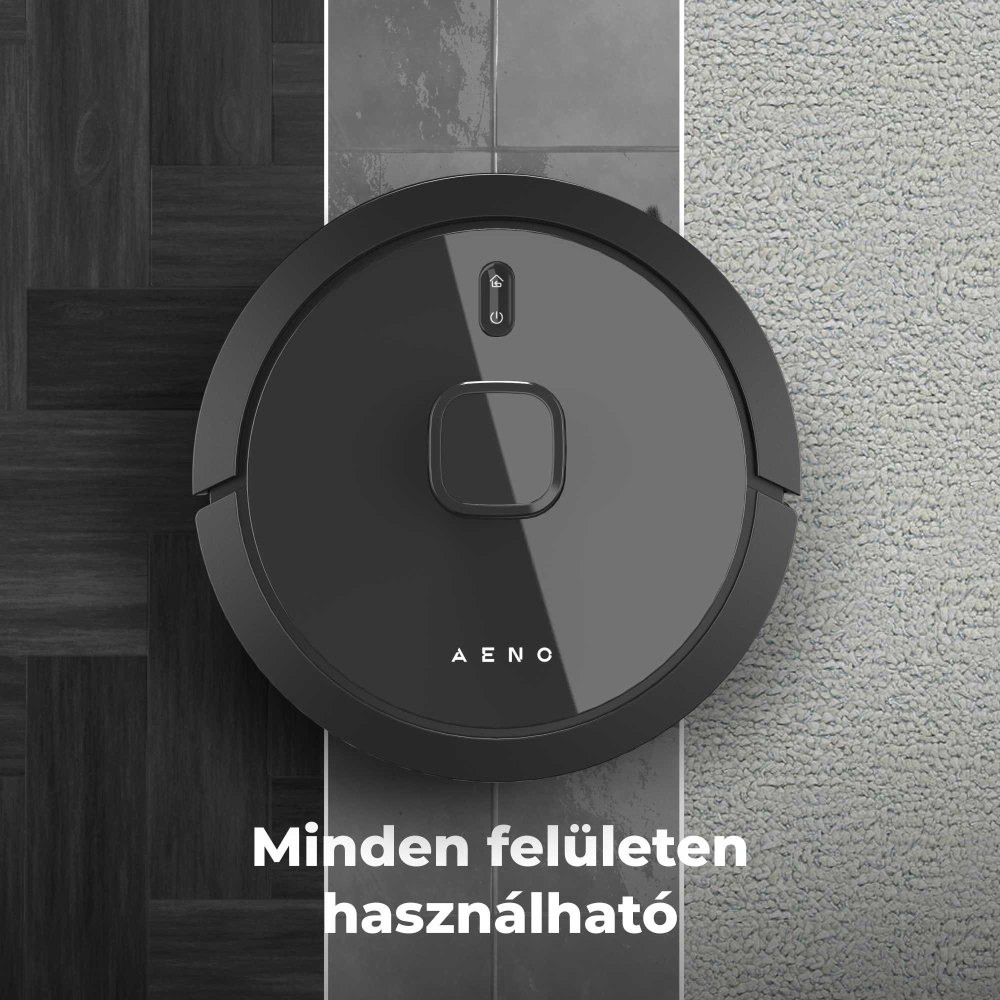 Fekete robotporszívó három különböző padlófelületen: fa, csempe és szőnyeg. A szöveg a következő: 'Minden felületen használható'.