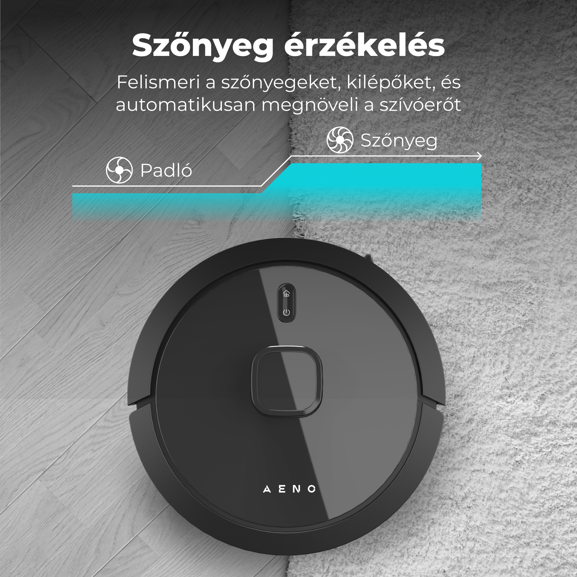 Egy fekete robotporszívó a szőnyegen. A szöveg a 'Szőnyeg érzékelés'-t írja, és a padlót és a szőnyeget említi.