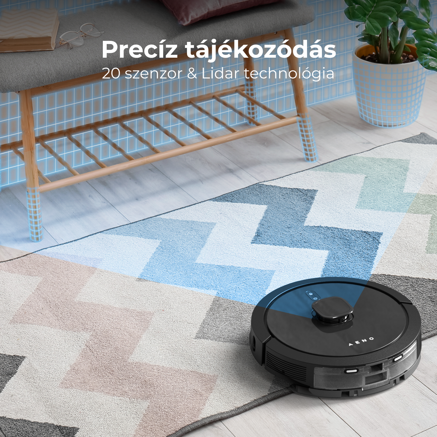 Egy fekete robotporszívó egy színes mintás szőnyegen. Egy pad, egy növény és szöveg overlay a háttérben.