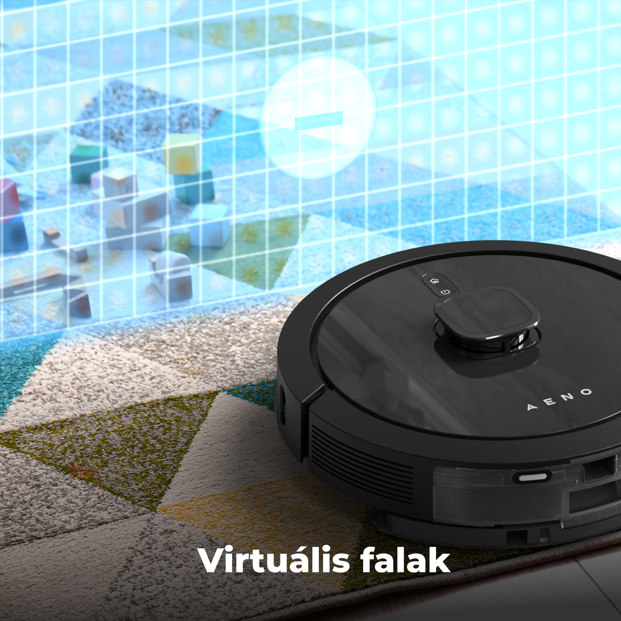 Egy fekete robotporszívó színes szőnyegen. Kék rács virtuális falakkal a háttérben.
