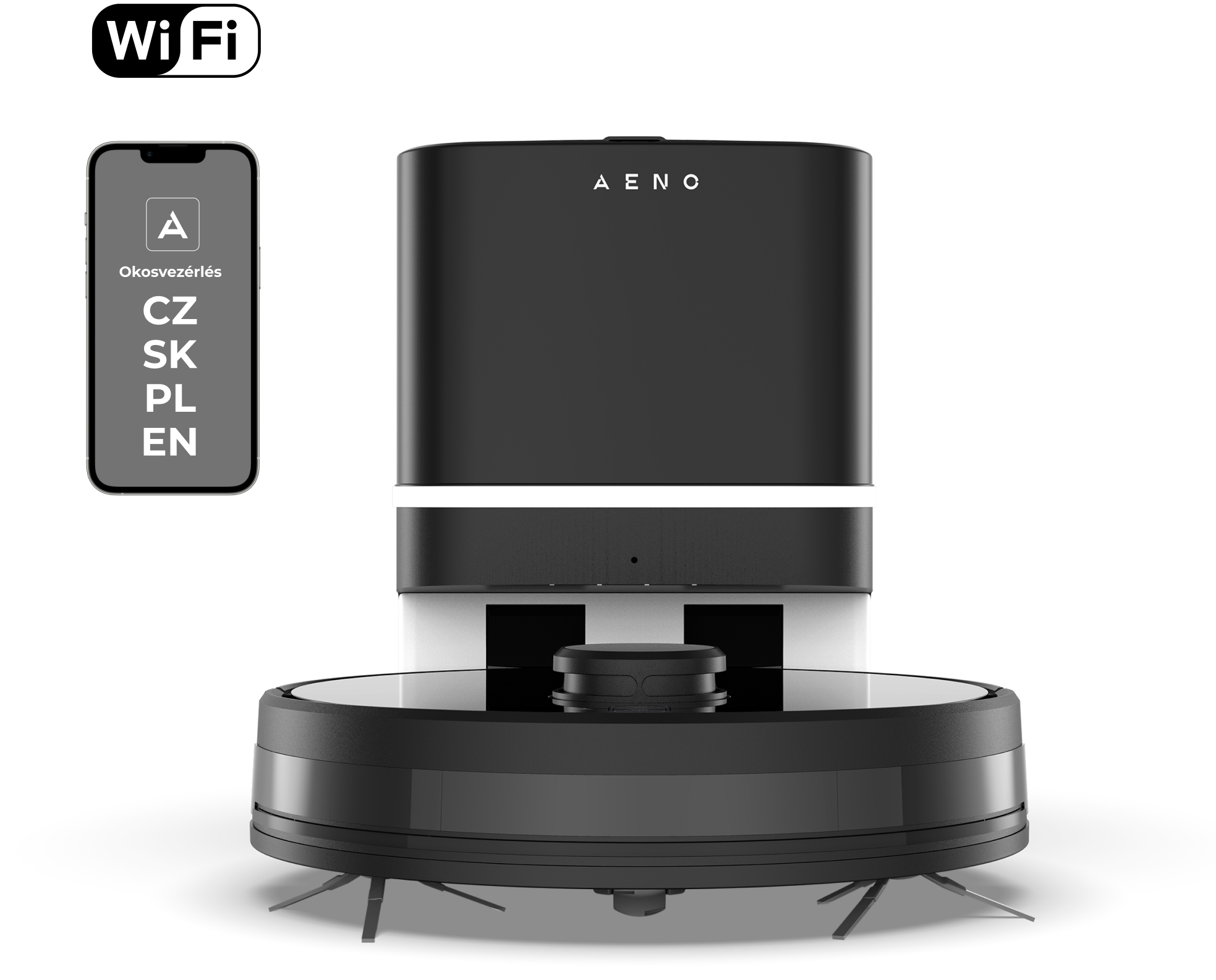 Fekete robotporszívó Wi-Fi logóval és egy telefonnal, amely nyelvi beállításokat mutat. A márka AENO.