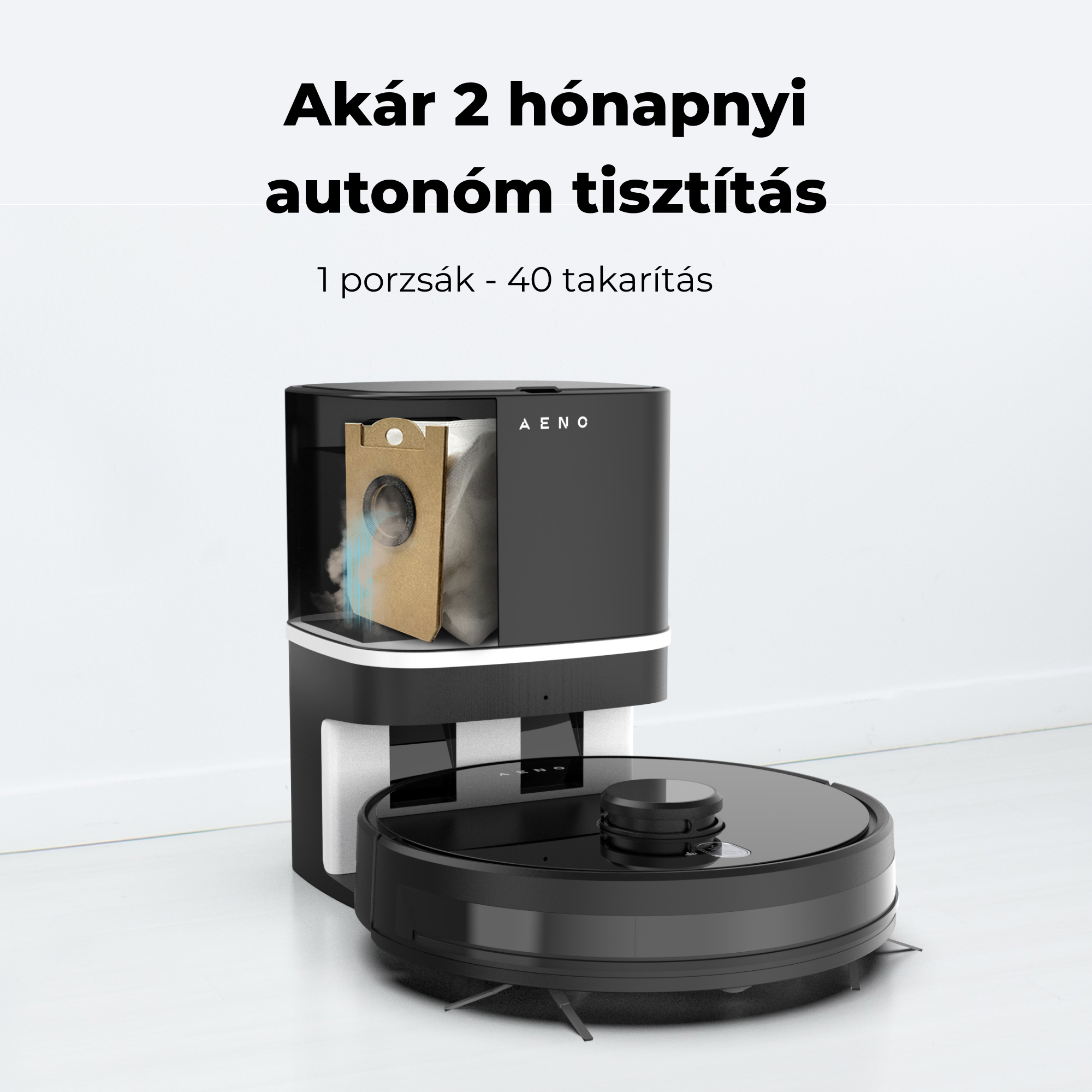 Fekete robot porszívó töltőállomással. Felül a szöveg: 2 hónapnyi autonóm takarítás. Porzsákot tartalmaz.