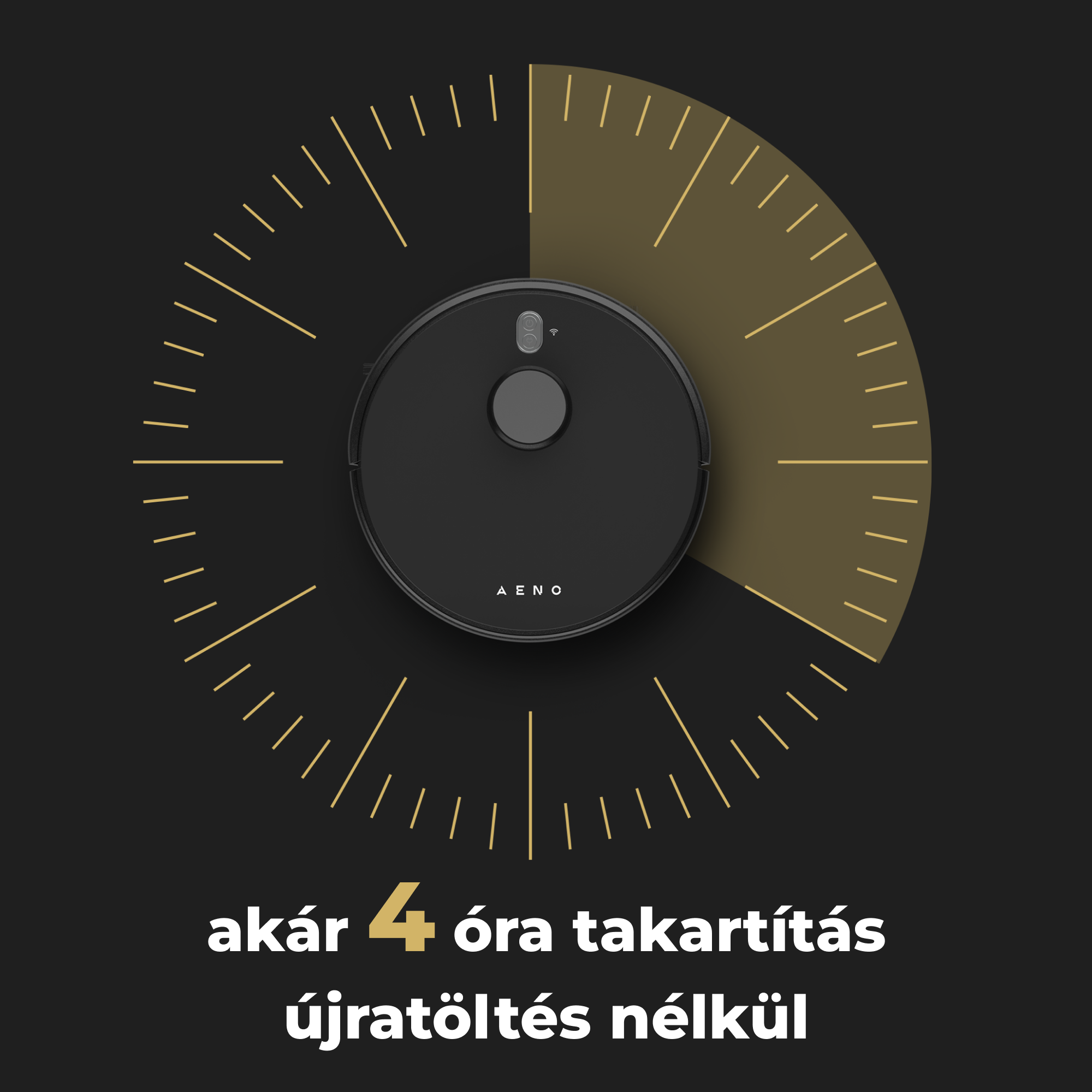 Fekete robotporszívó óraszerű dizájnnal. 4 óra takarítást jelez újratöltés nélkül. A háttér fekete.