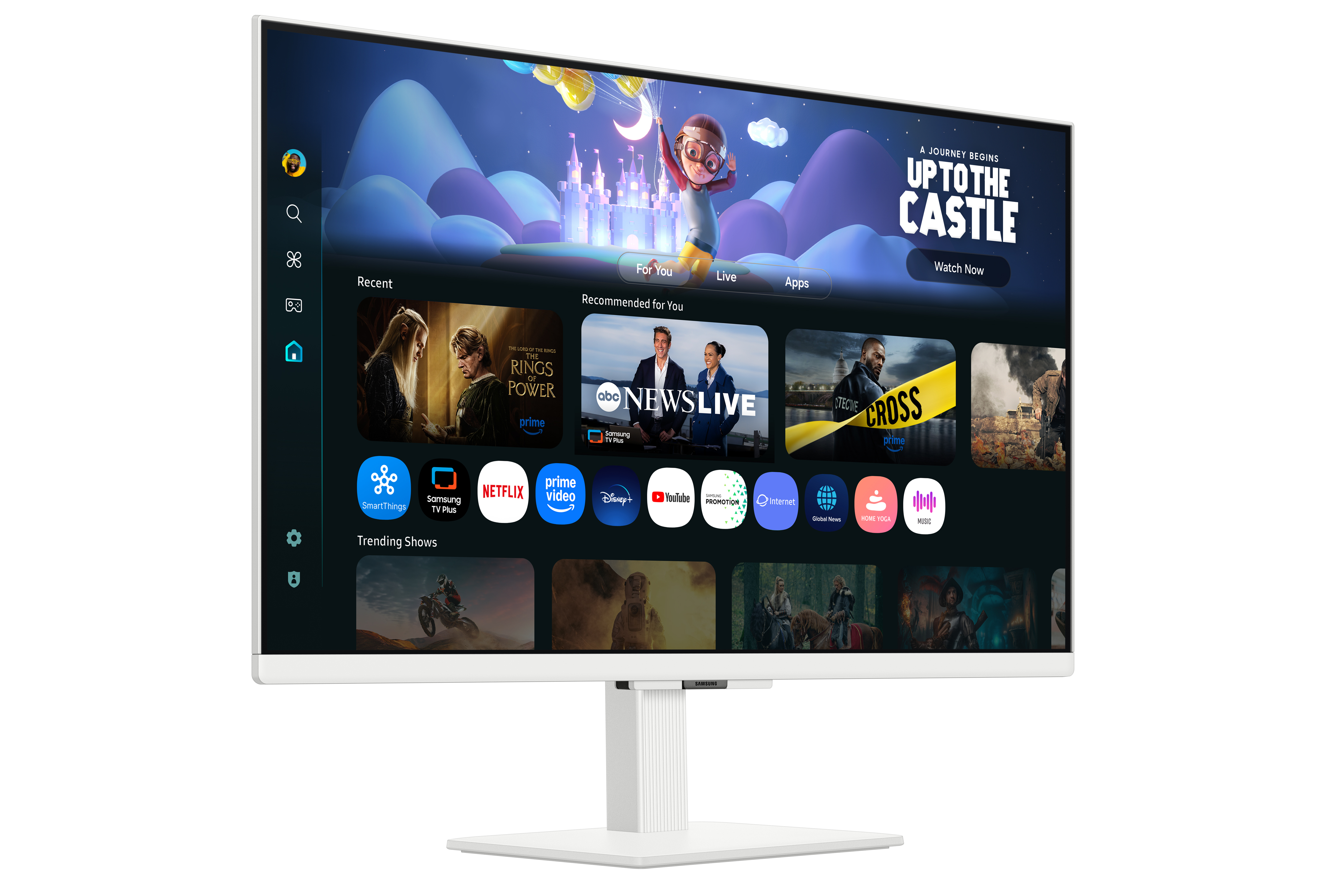 Un monitor blanco muestra una interfaz de servicio de transmisión. Se ven programas, aplicaciones y un gráfico de castillo.