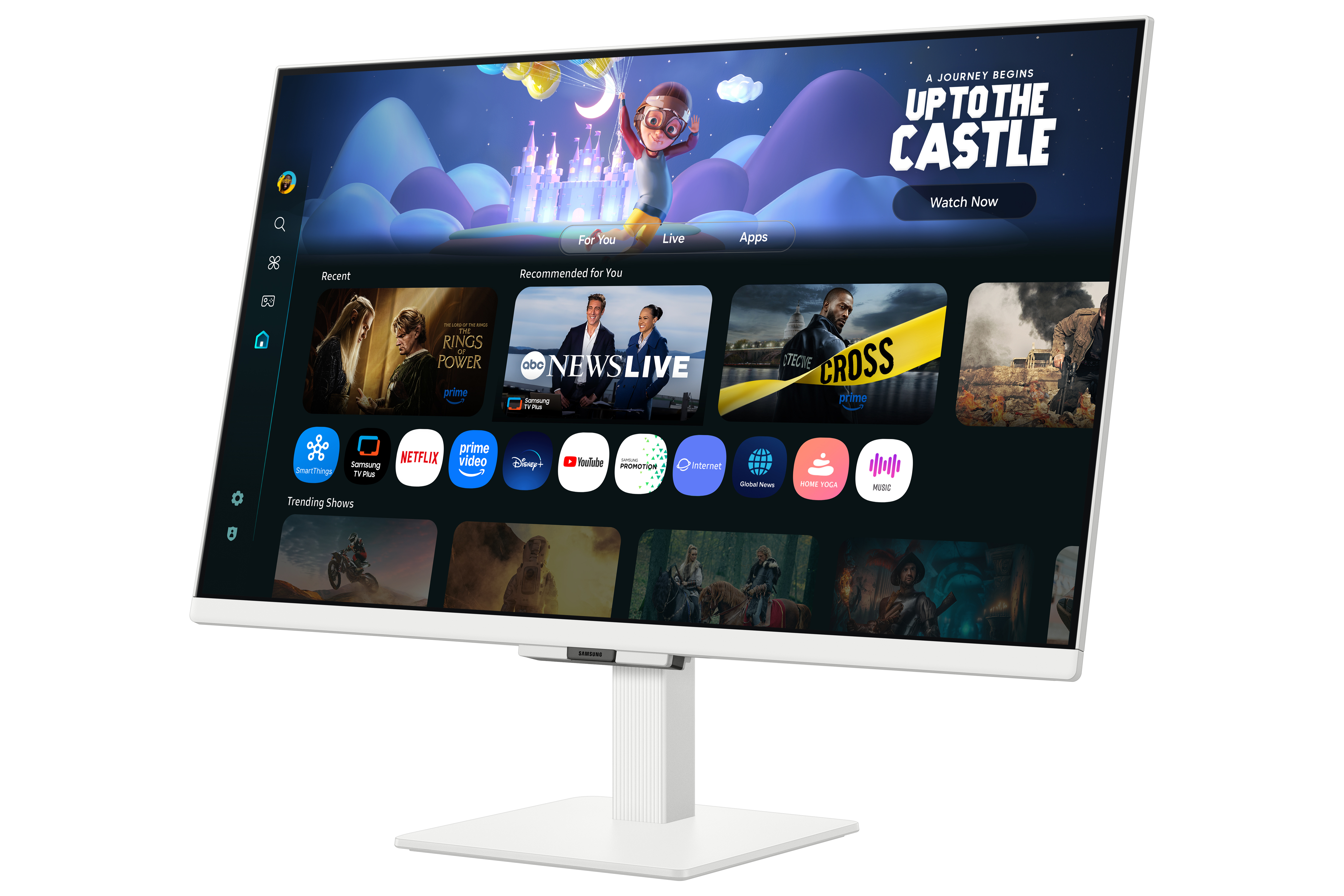 Un monitor Samsung blanco muestra una interfaz de servicio de transmisión con varios iconos de aplicaciones y recomendaciones de programas.