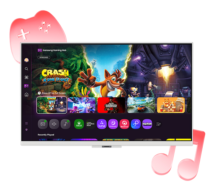 Un televisor muestra Samsung Gaming Hub. Se ven iconos de juegos como Crash Bandicoot y Fortnite. Gráficos de mando de juego y notas musicales rosas.